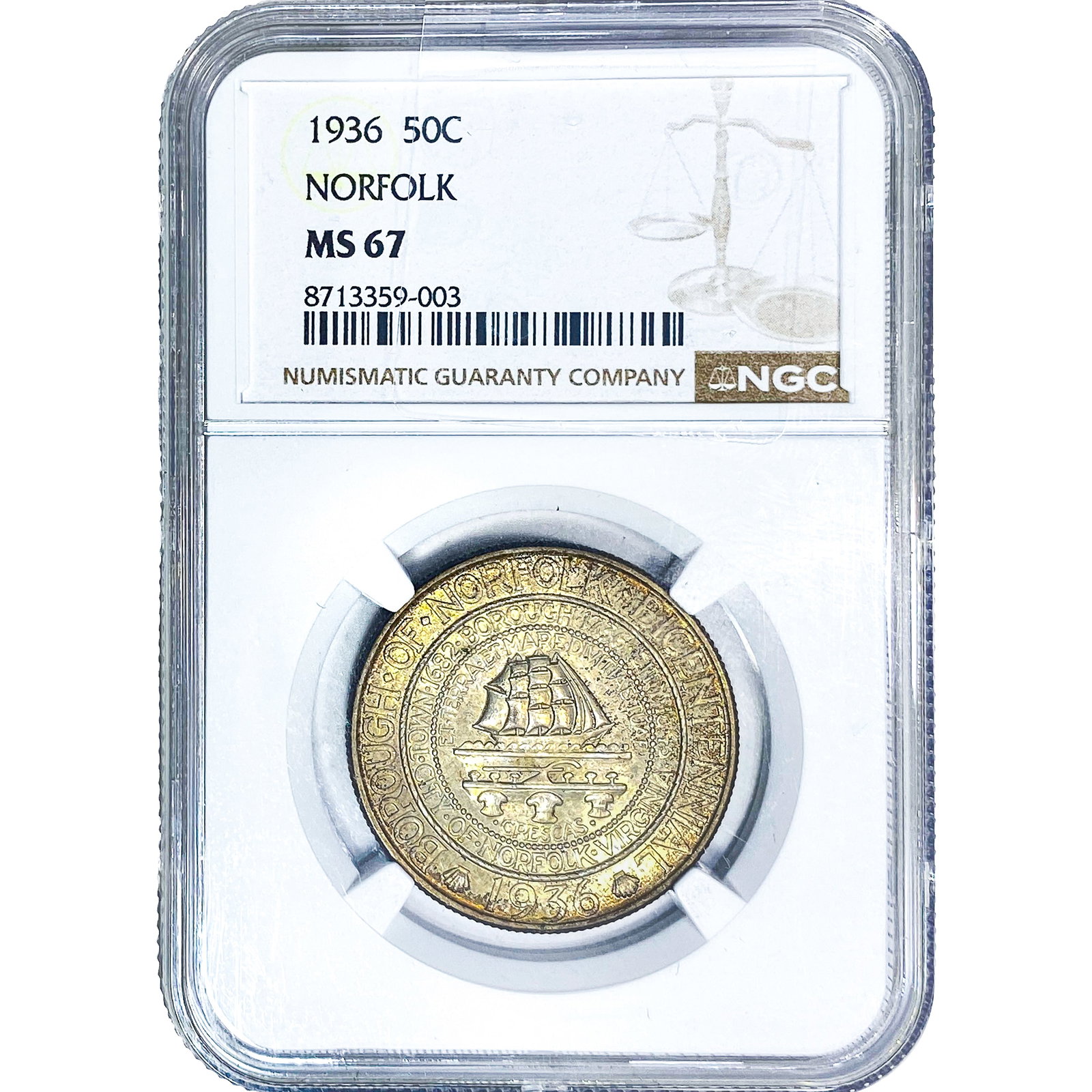 1936 Norfolk Half Dollar NGC MS67: 1936 Norfolk Half Dollar NGC MS67
