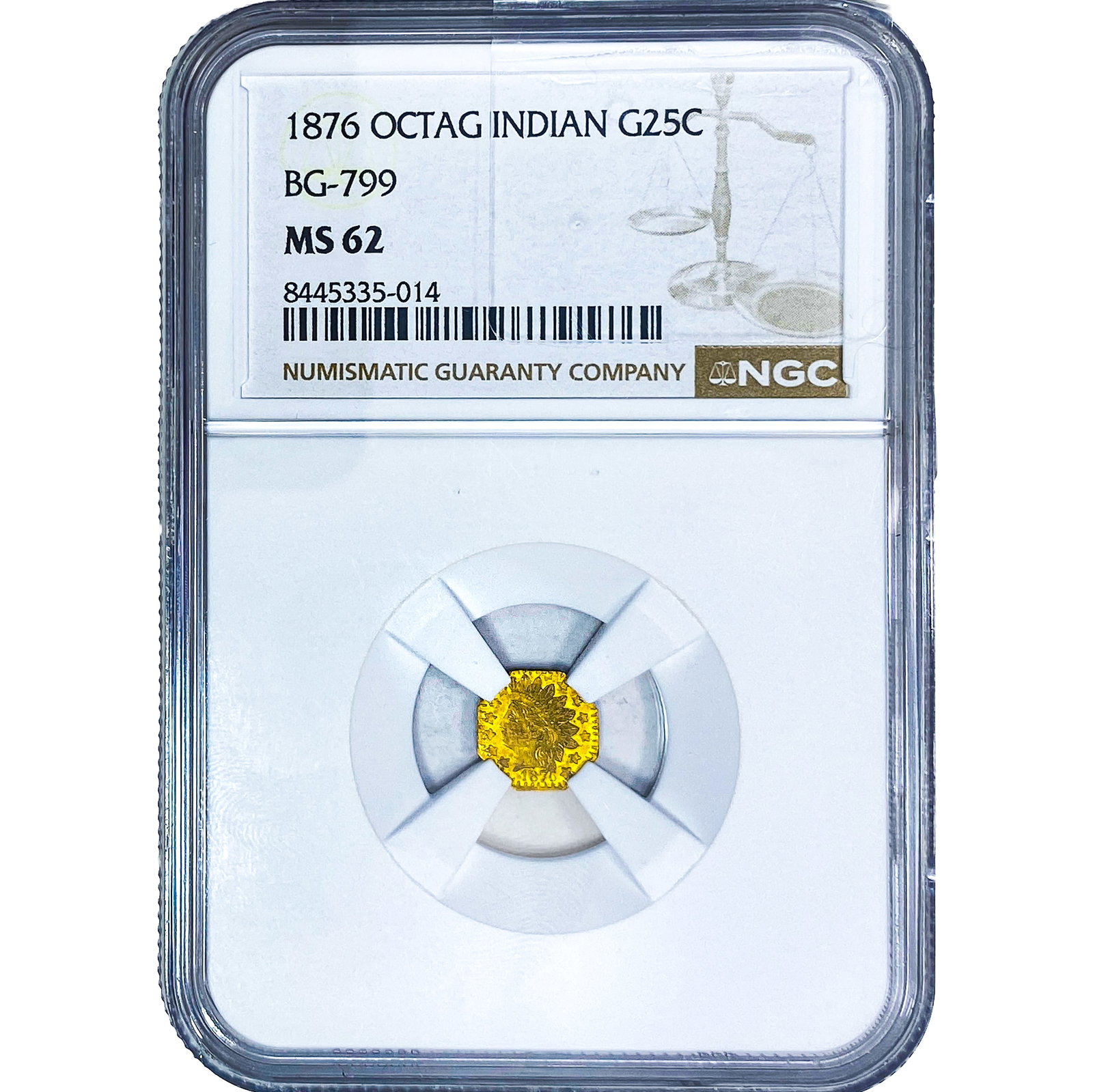 1876 Octagonal California Gold Quarter NGC MS62 BG-799: 1876 Octagonal California Gold Quarter NGC MS62 BG-799