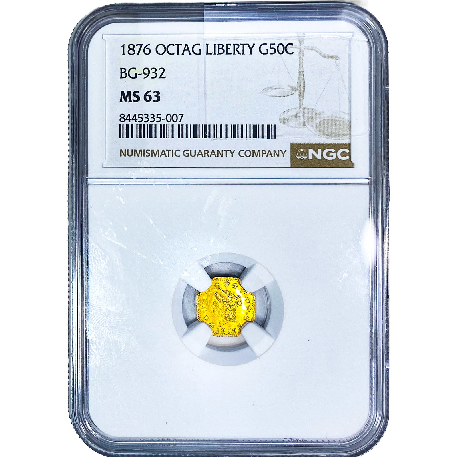1876 Octagonal California Gold Half Dollar NGC MS63 BG-932: 1876 Octagonal California Gold Half Dollar NGC MS63 BG-932