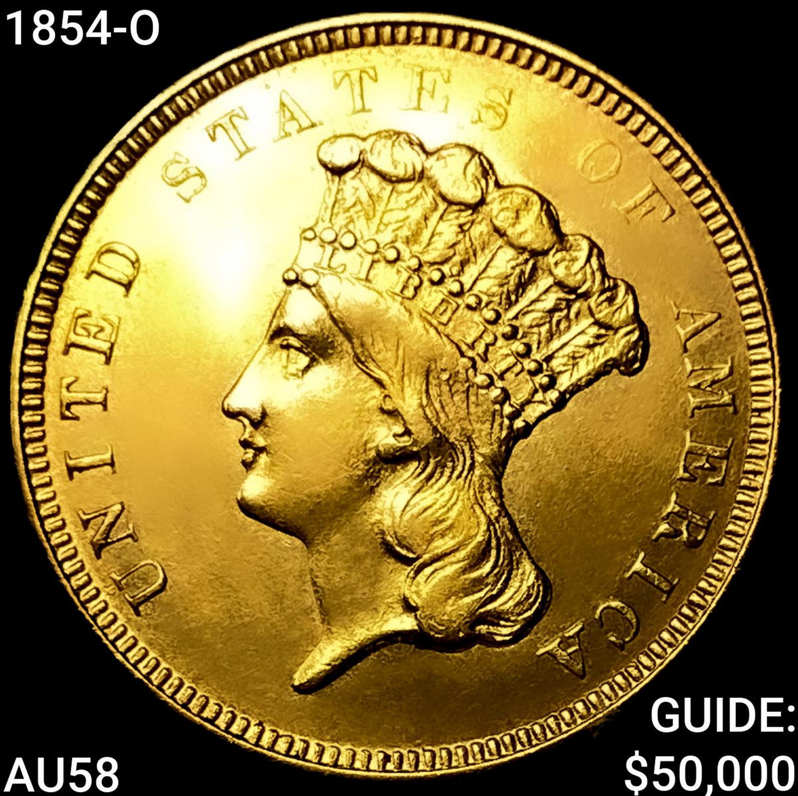 1854-O $3 Gold Piece CHOICE AU: 1854-O $3 Gold Piece CHOICE AU