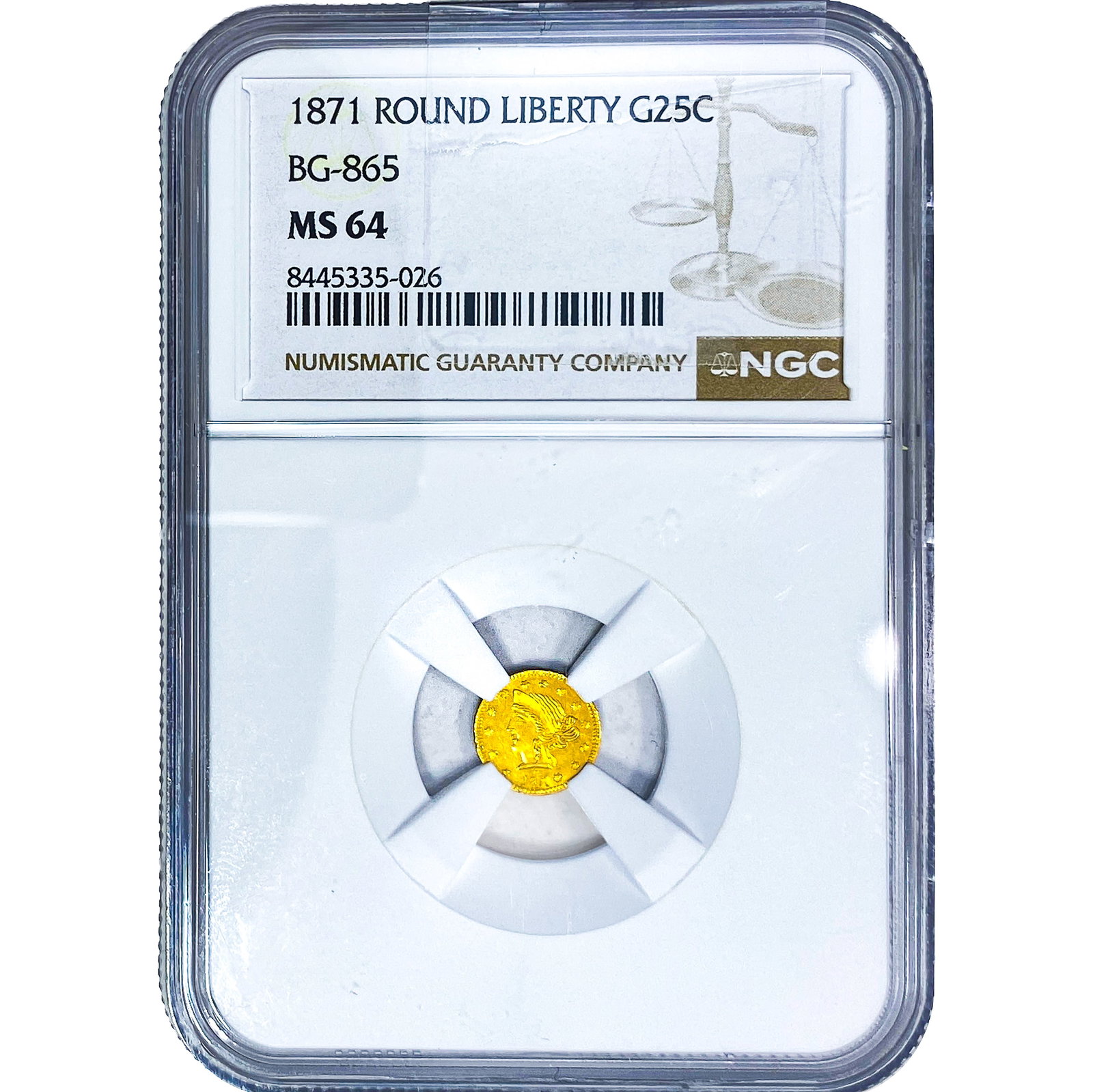 1871 Round California Gold Quarter NGC MS64 BG-865: 1871 Round California Gold Quarter NGC MS64 BG-865