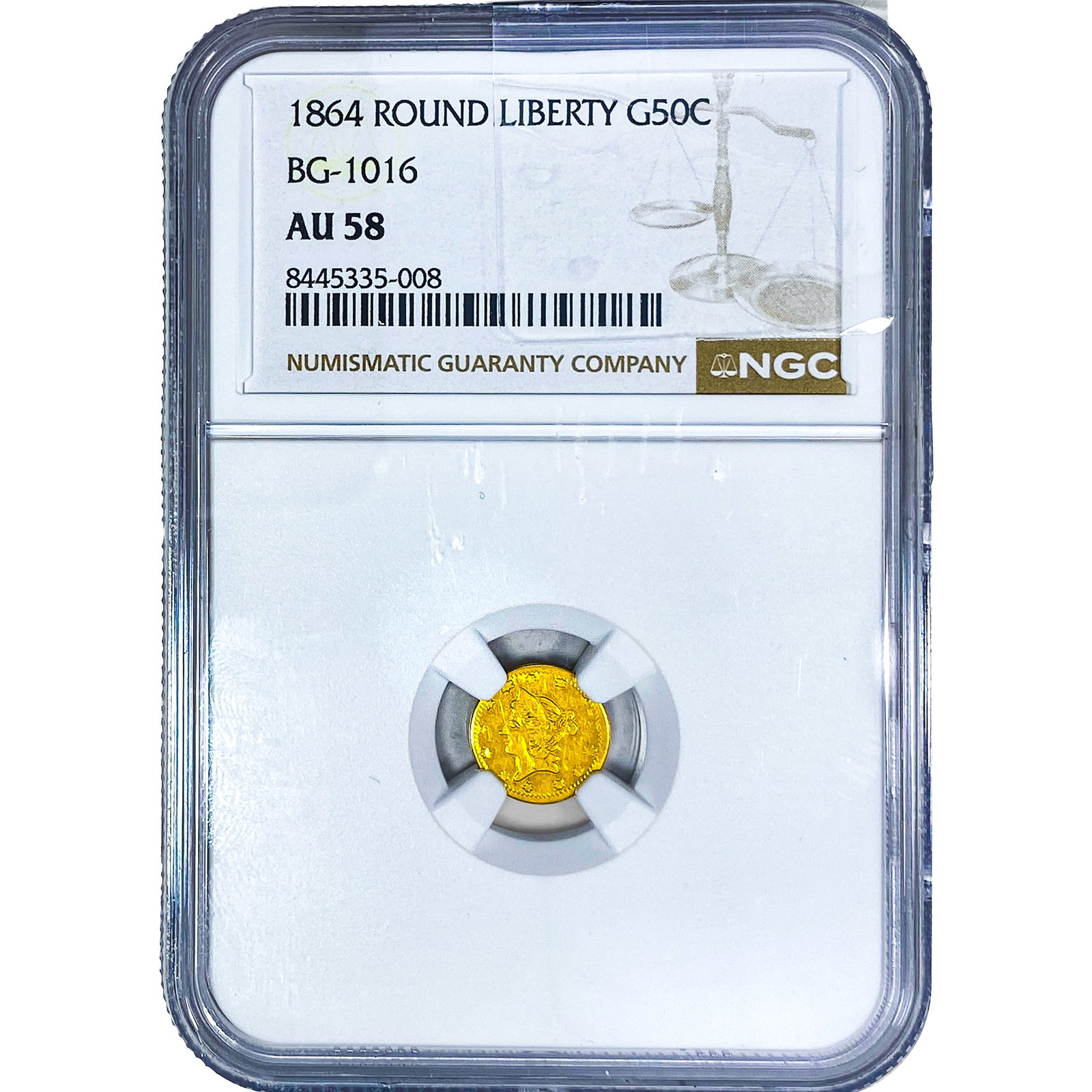 1864 Round California Gold Half Dollar NGC AU58 BG-1016: 1864 Round California Gold Half Dollar NGC AU58 BG-1016