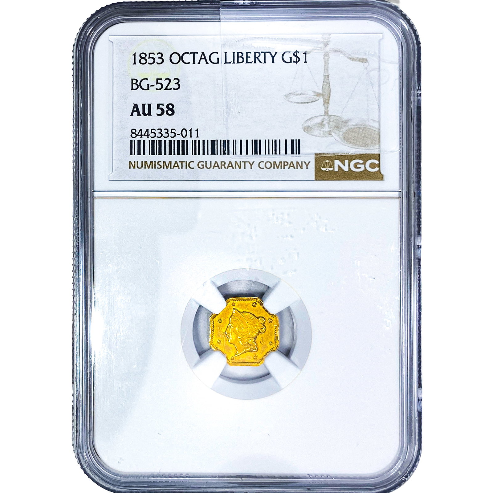 1853 Rare Gold Dollar NGC AU58 BG-523: 1853 Rare Gold Dollar NGC AU58 BG-523