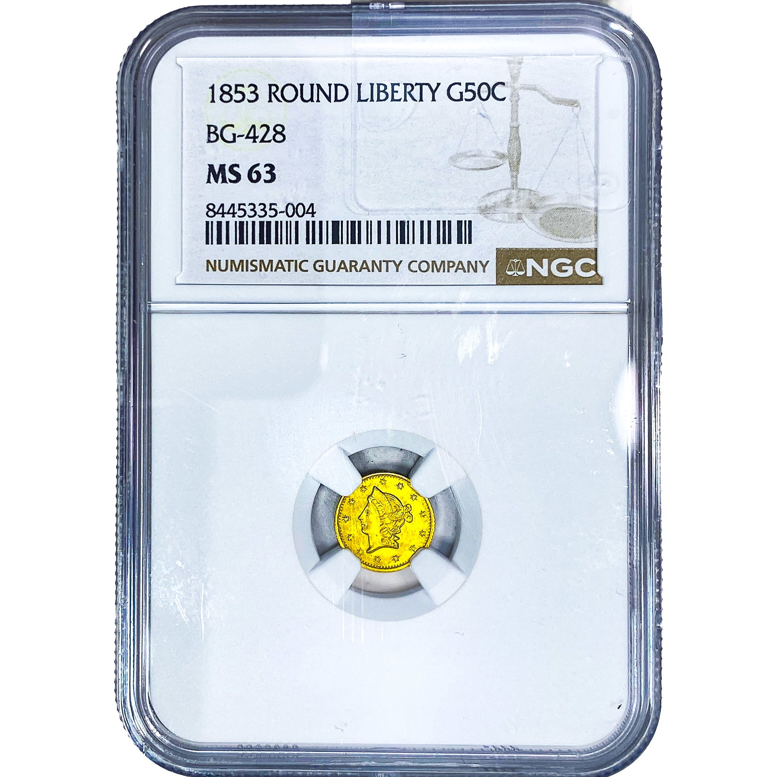 1853 Round California Gold Half Dollar NGC MS63 BG-428: 1853 Round California Gold Half Dollar NGC MS63 BG-428