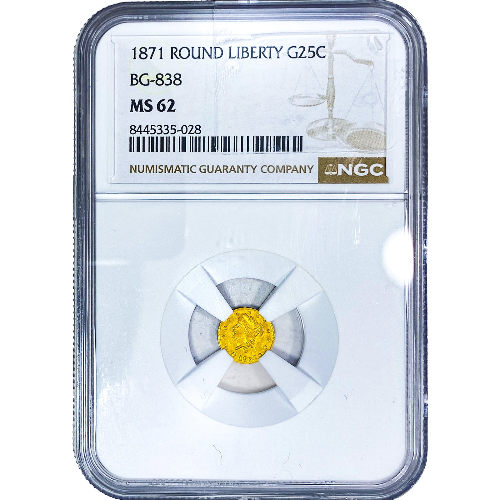 1871 Round California Gold Quarter NGC MS62 BG-838: 1871 Round California Gold Quarter NGC MS62 BG-838