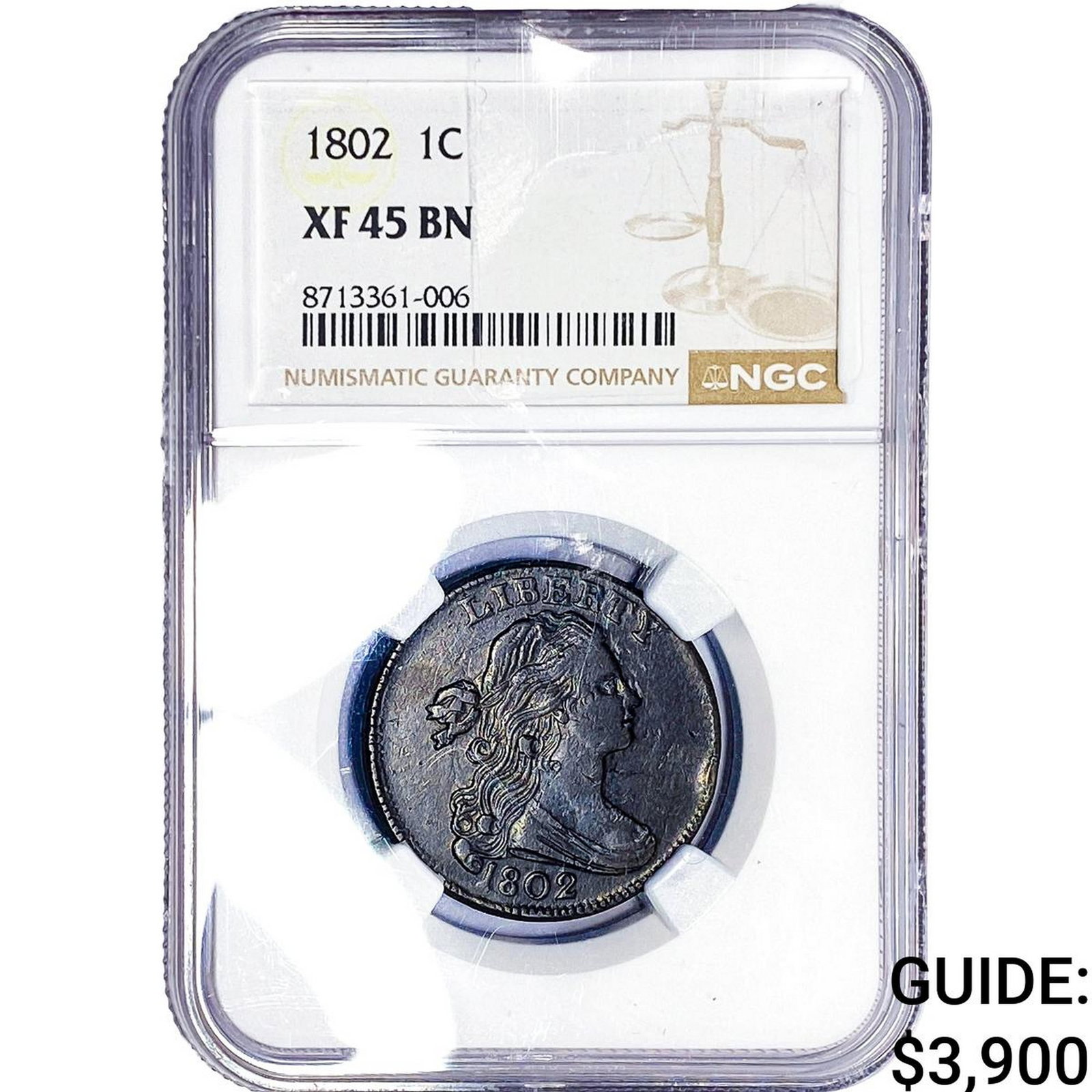1802 Draped Bust Cent NGC XF45 BN: 1802 Draped Bust Cent NGC XF45 BN