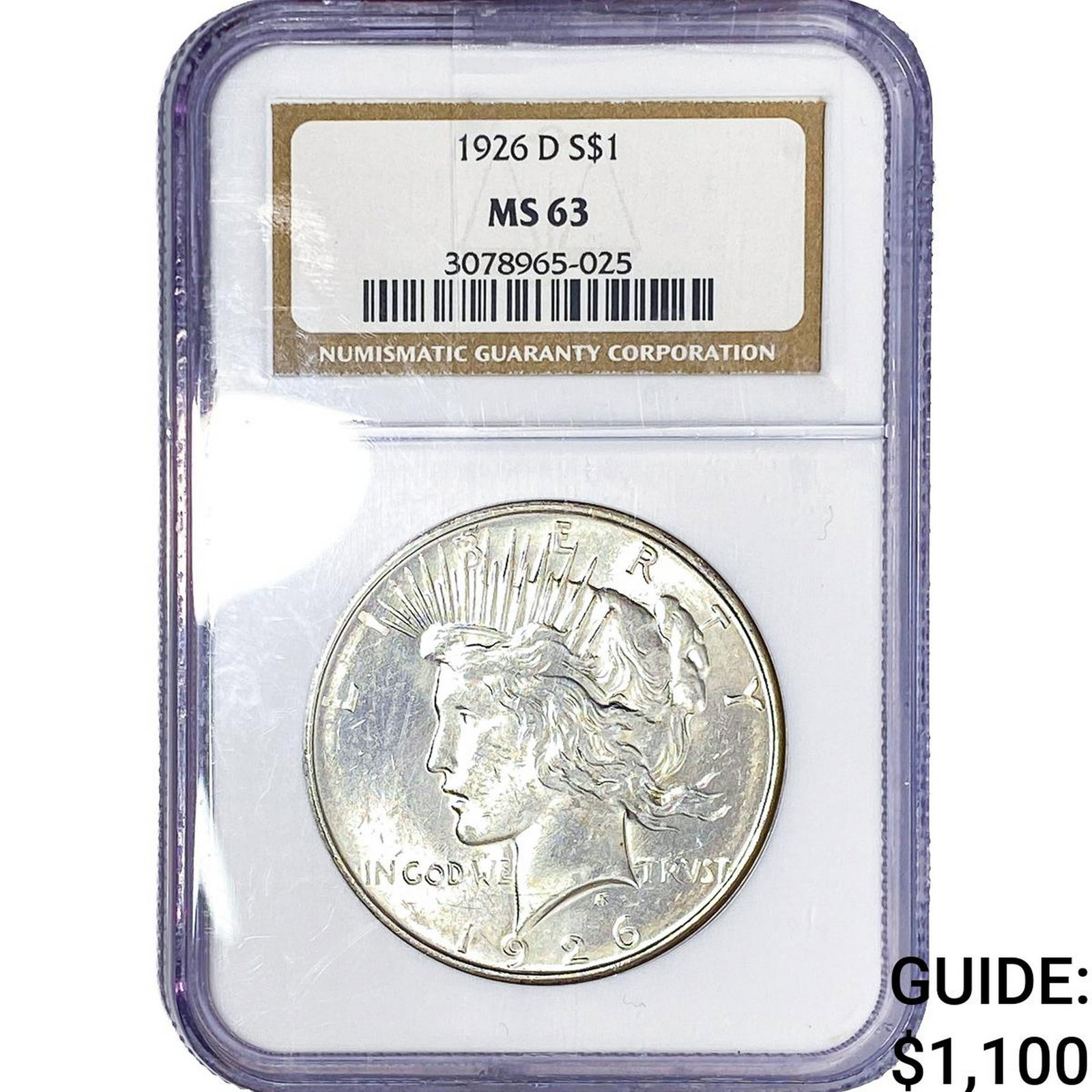 1926-D Silver Peace Dollar NGC MS63: 1926-D Silver Peace Dollar NGC MS63