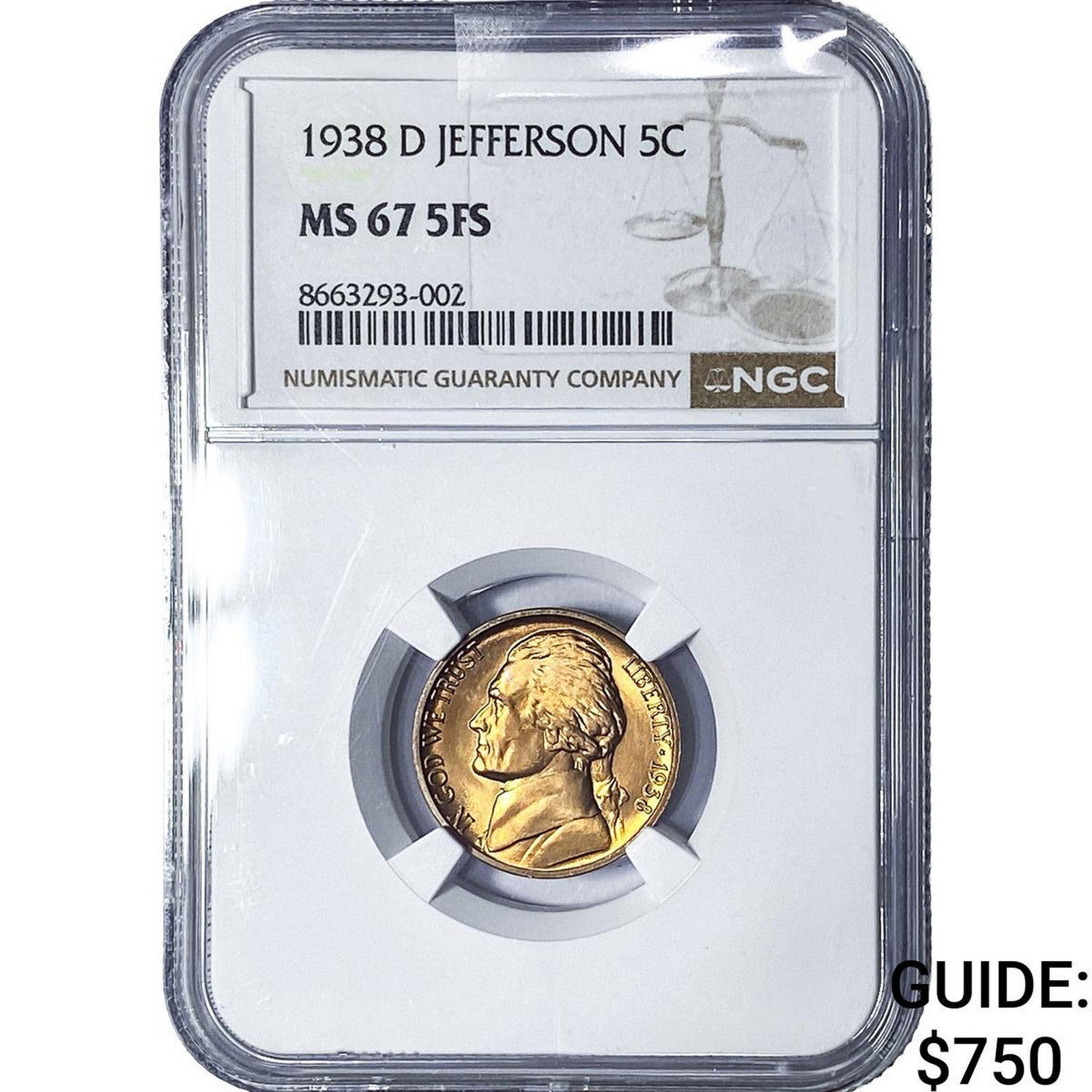 1938-D Jefferson Nickel NGC MS67 5FS: 1938-D Jefferson Nickel NGC MS67 5FS