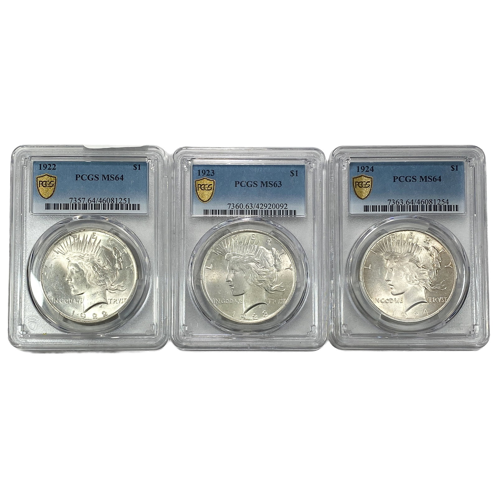 [3] 1922-1924 Silver Peace Dollar PCGS MS63/64: [3] 1922-1924 Silver Peace Dollar PCGS MS63/64