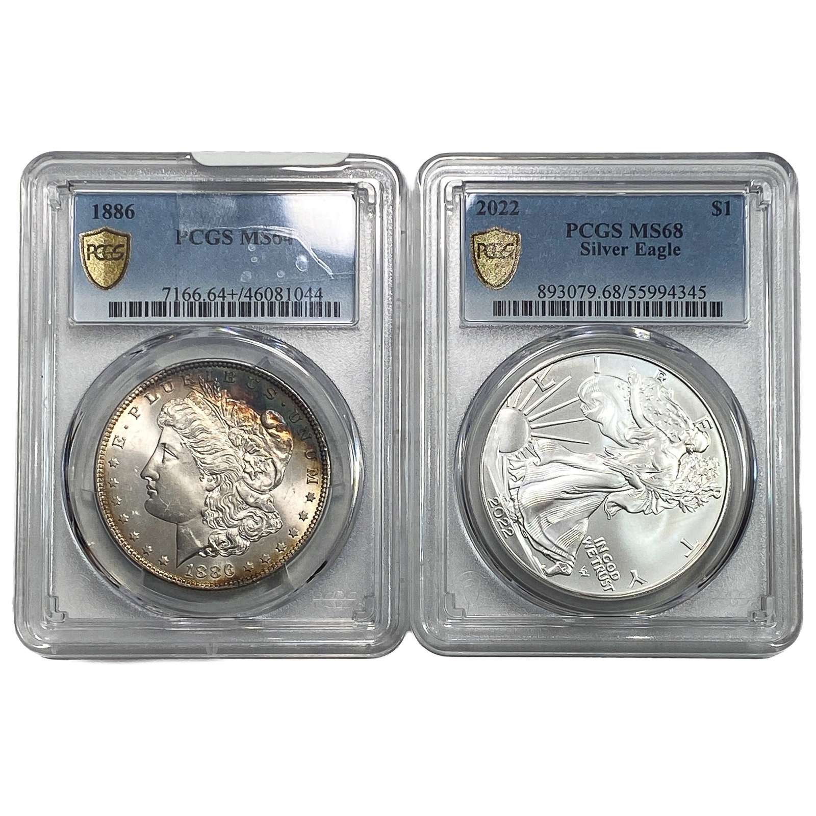 [2]1886-2022 Morgan Silver Dollar and Silver Eagle Lot PCGS MS64+/MS68: [2]1886-2022 Morgan Silver Dollar and Silver Eagle Lot PCGS MS64+/MS68