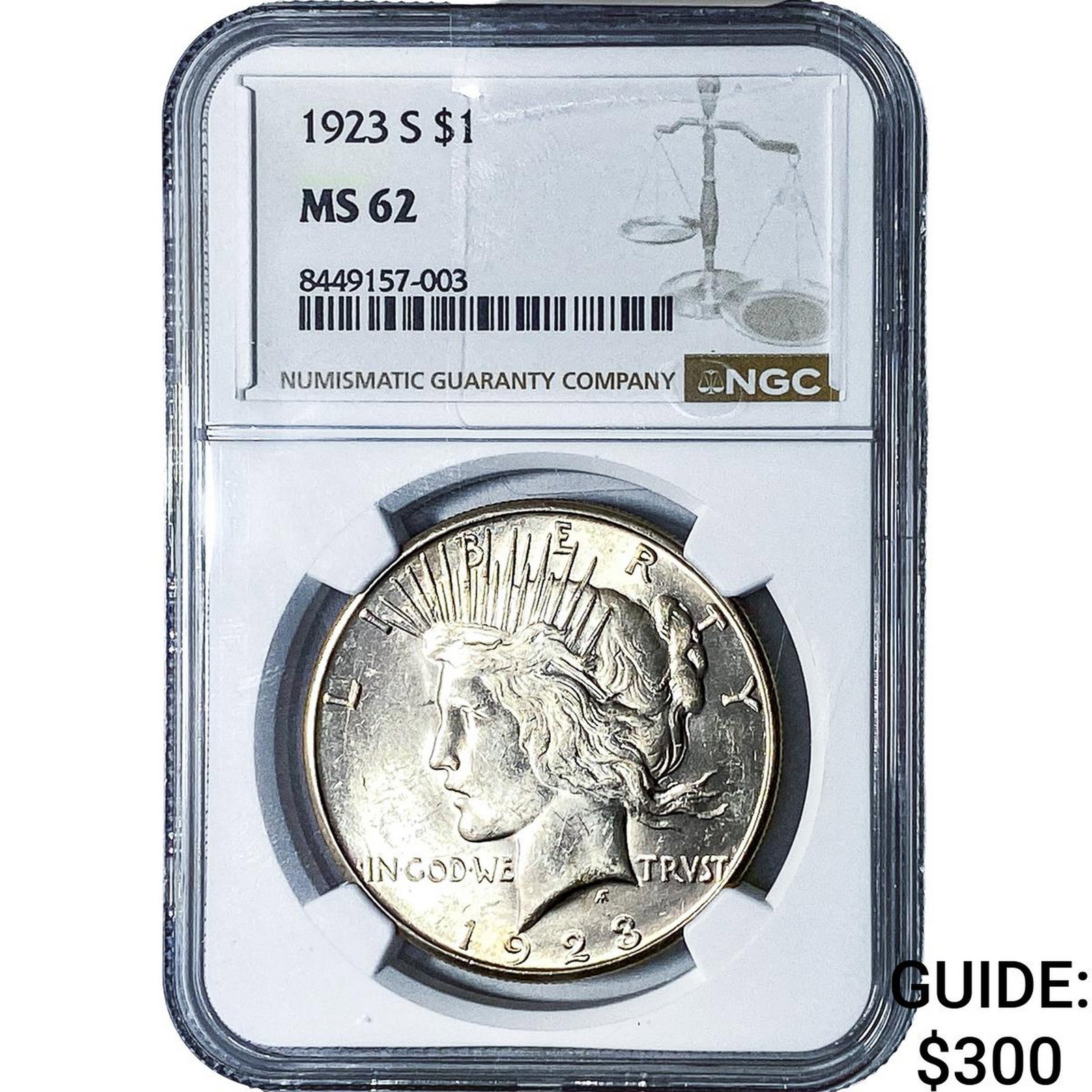 1923-S Silver Peace Dollar NGC MS62: 1923-S Silver Peace Dollar NGC MS62