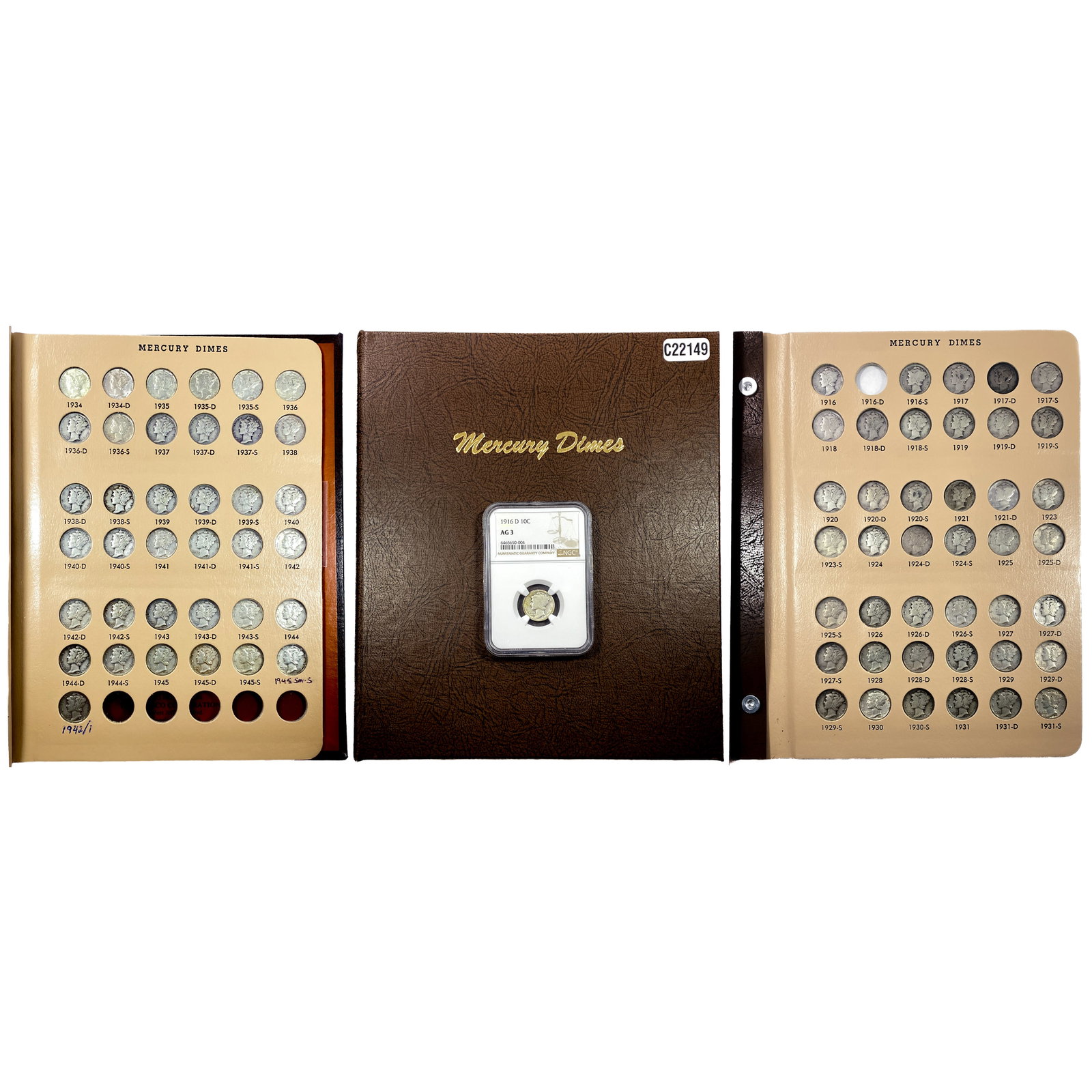 [79] 1916-1945 Mercurry Silver Dime Book/Slab Set: [79] 1916-1945 Mercurry Silver Dime Book/Slab Set