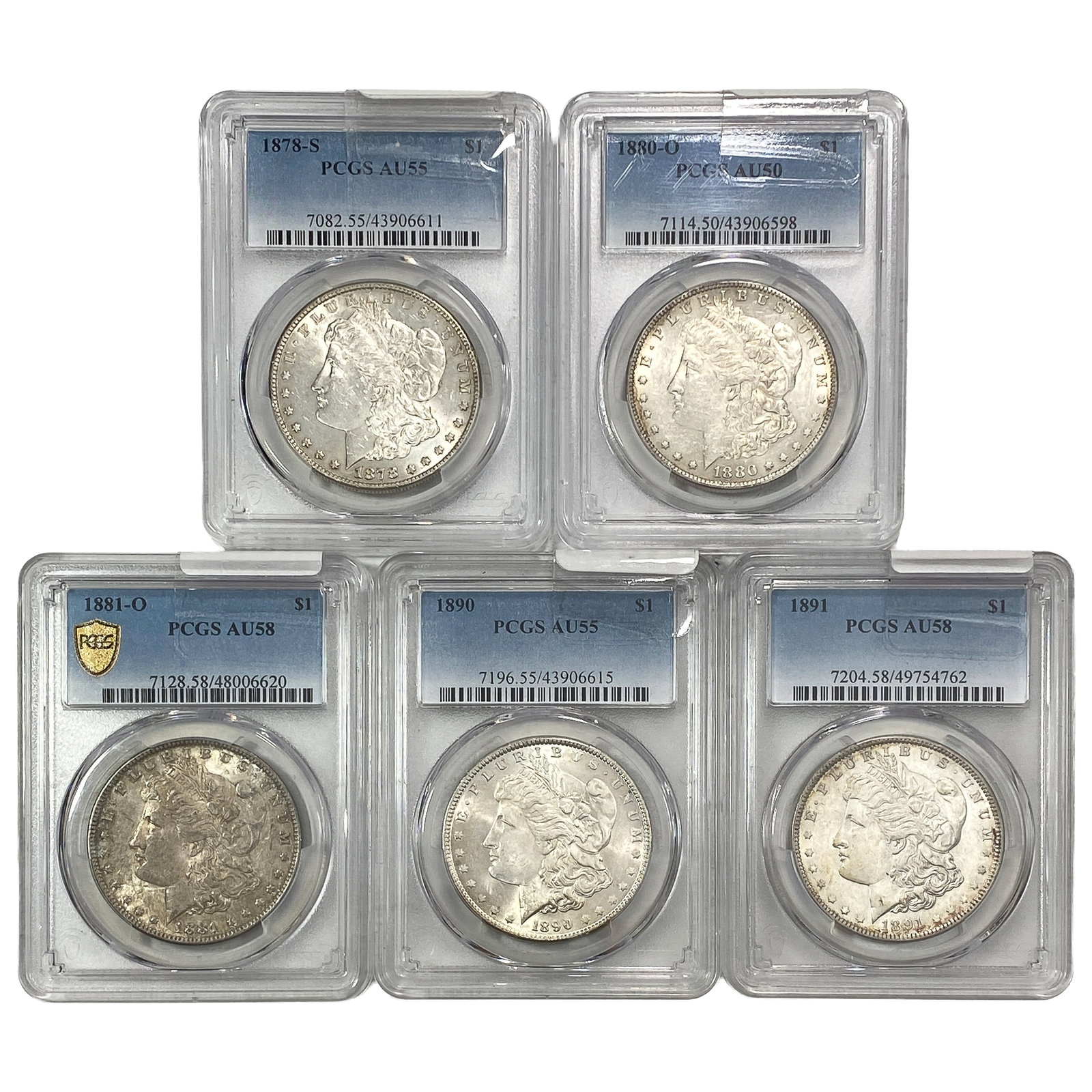 [5] 1878-1891 Morgan Silver Dollar PCGS AU50-58: [5] 1878-1891 Morgan Silver Dollar PCGS AU50-58