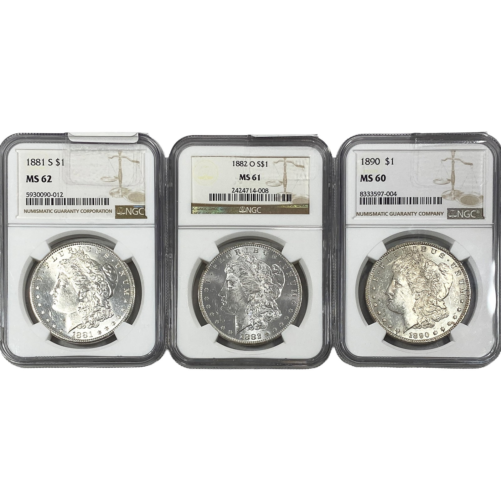 [3] 1881-1890 Morgan Silver Dollar NGC MS60-MS62: [3] 1881-1890 Morgan Silver Dollar NGC MS60-MS62