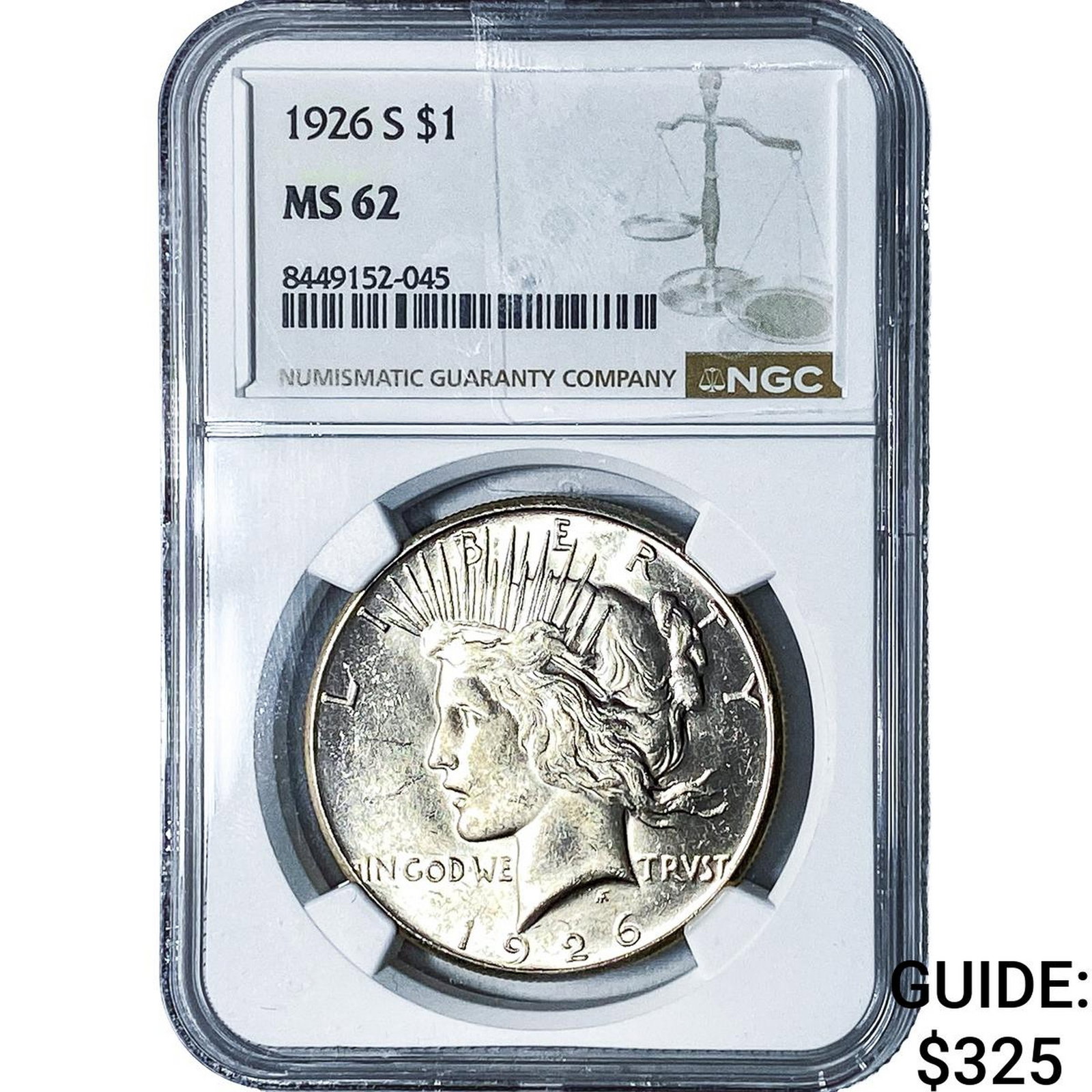 1926-S Silver Peace Dollar NGC MS62: 1926-S Silver Peace Dollar NGC MS62