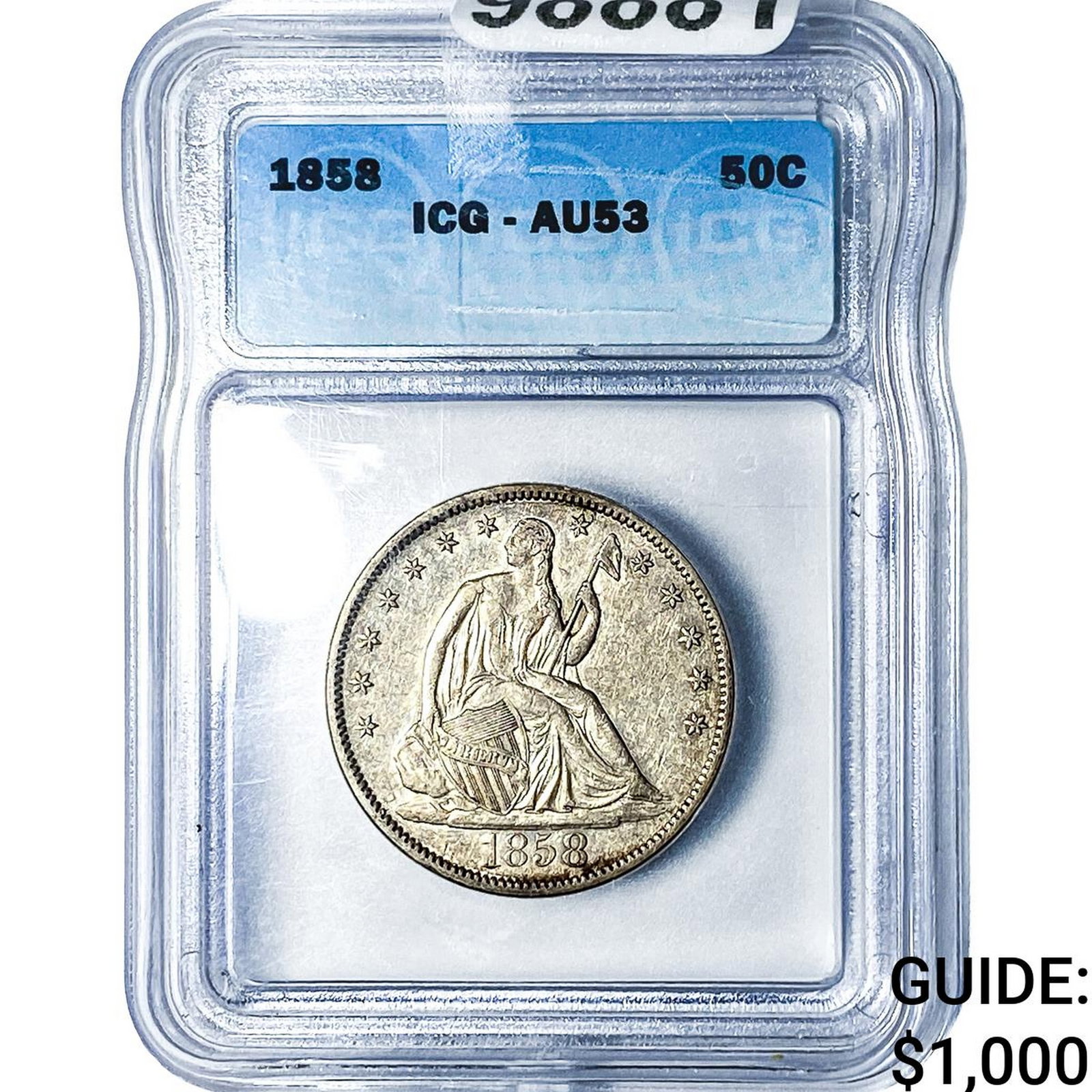 1858 Seated Liberty Half Dollar ICG AU53: 1858 Seated Liberty Half Dollar ICG AU53