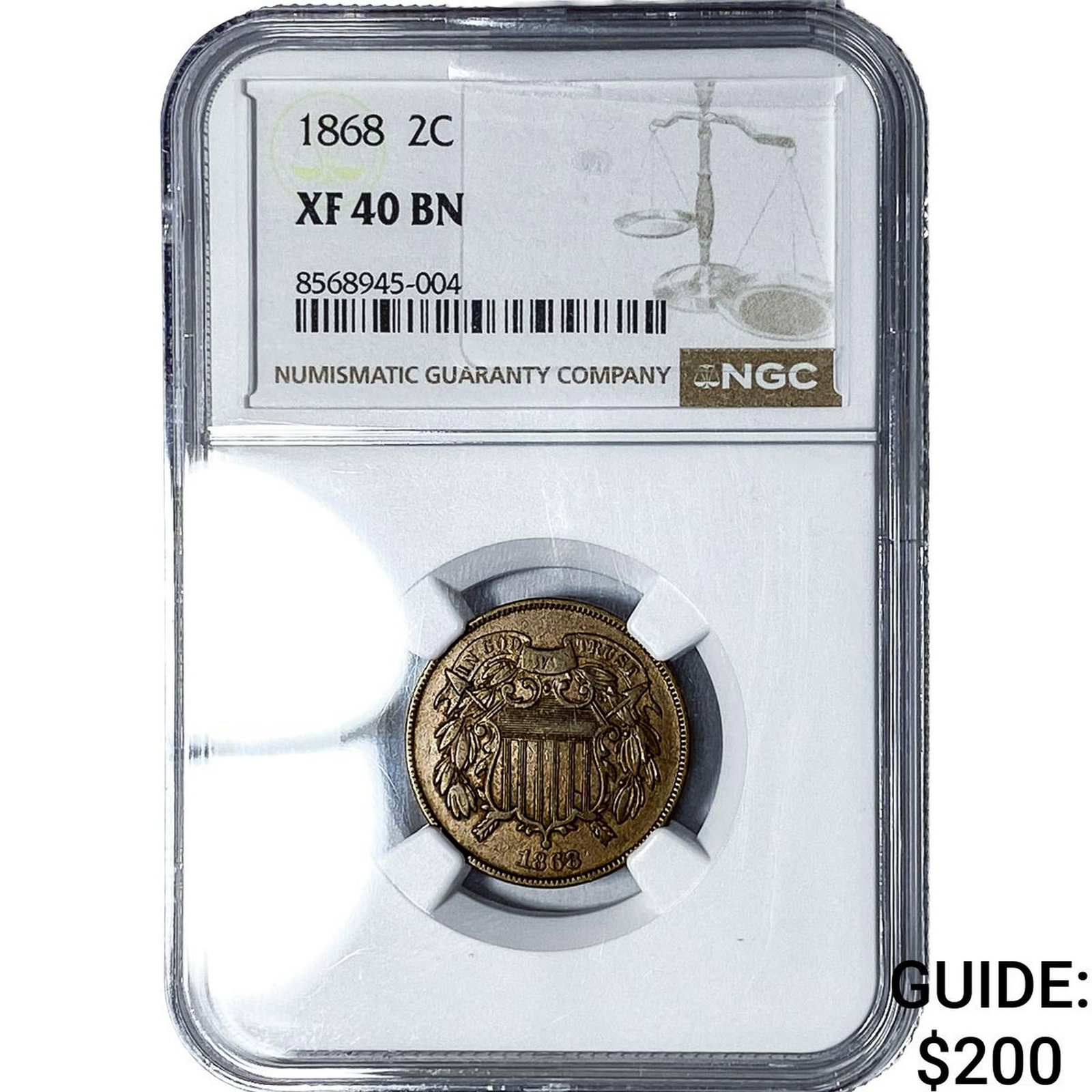 1868 Two Cent Piece NGC XF40 BN: 1868 Two Cent Piece NGC XF40 BN