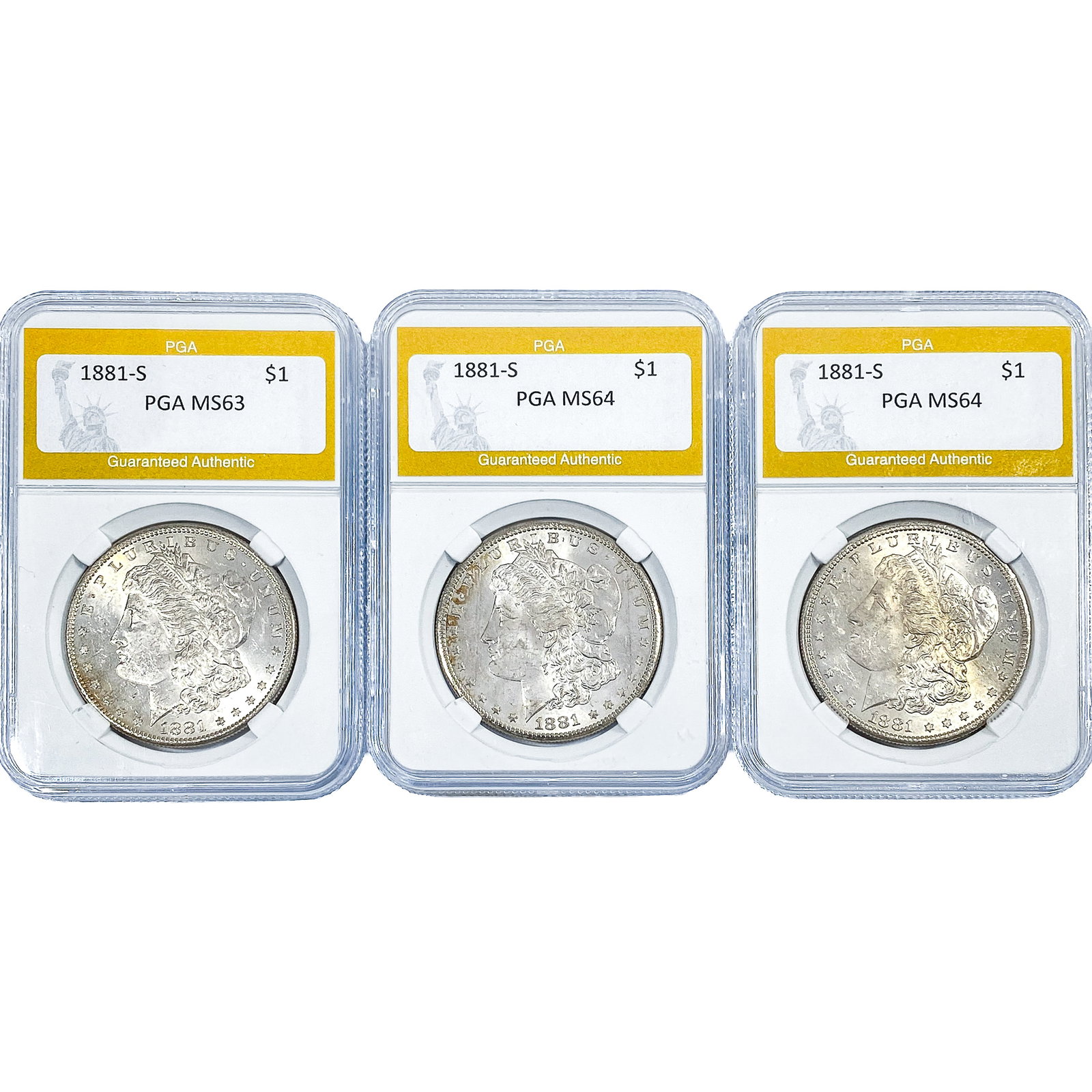 [3] 1881-S Morgan Silver Dollar PGA MS63/MS64: [3] 1881-S Morgan Silver Dollar PGA MS63/MS64