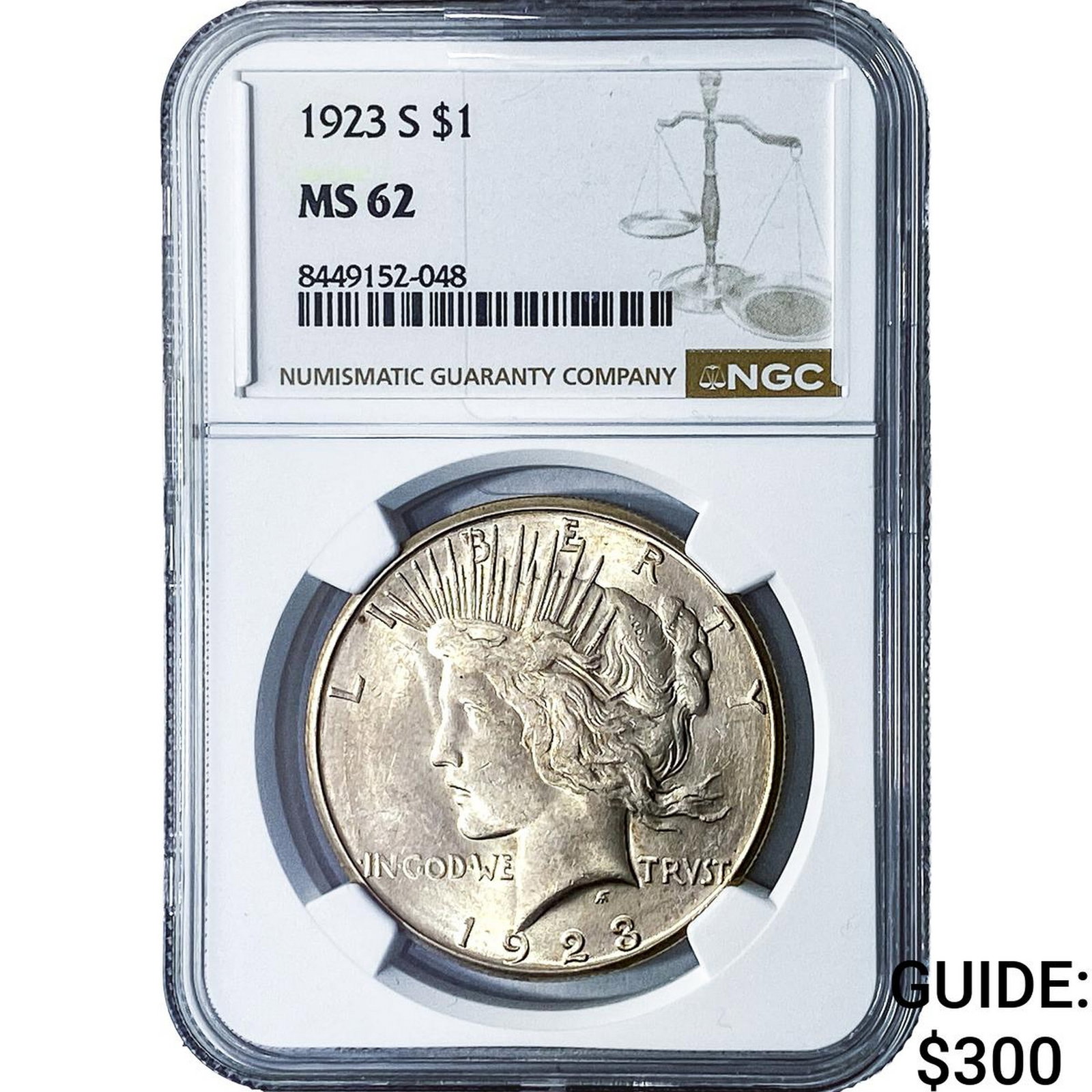 1923-S Silver Peace Dollar NGC MS62: 1923-S Silver Peace Dollar NGC MS62