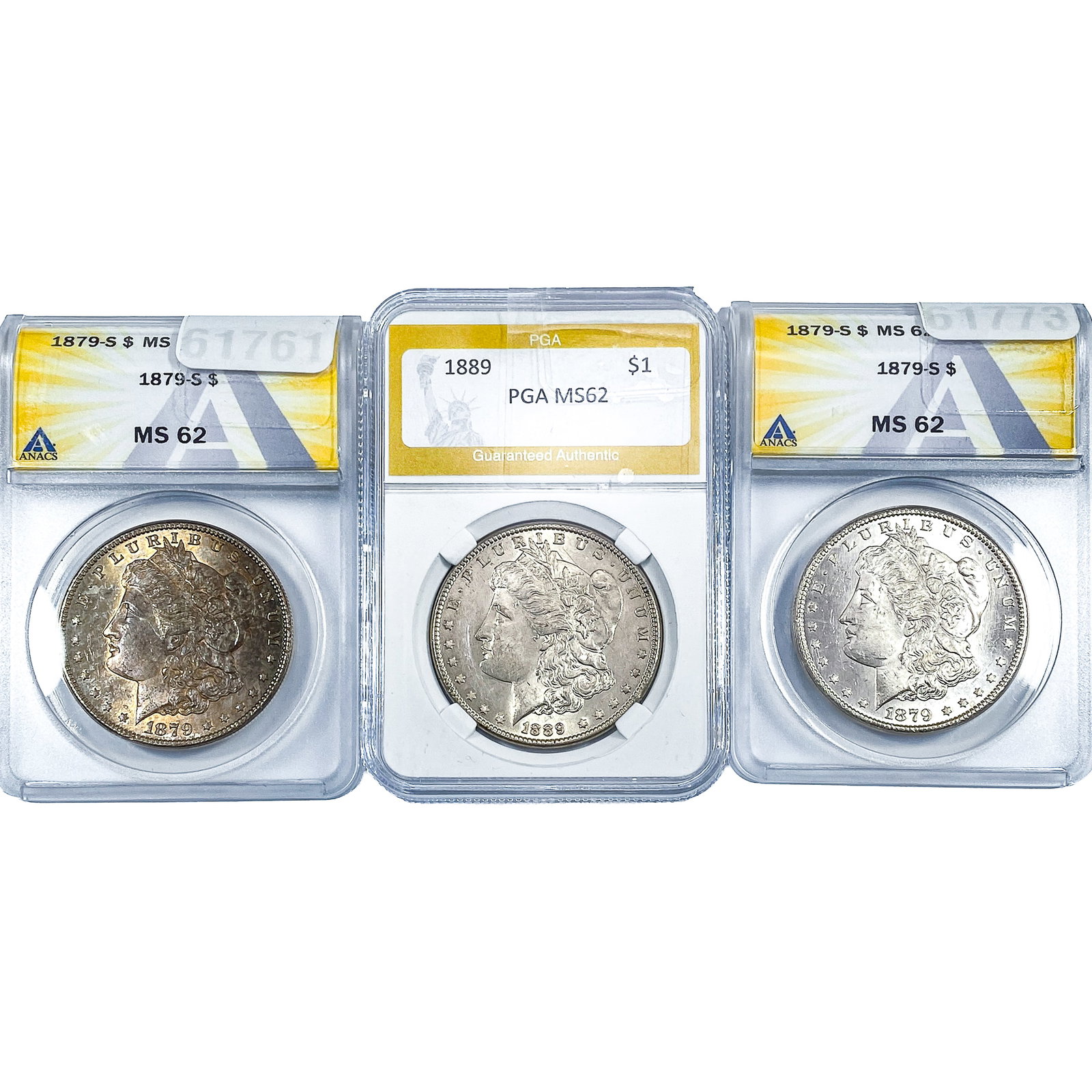 [3] 1879-1889 Morgan Silver Dollar ANACS/PGA MS62 (1 of 2)