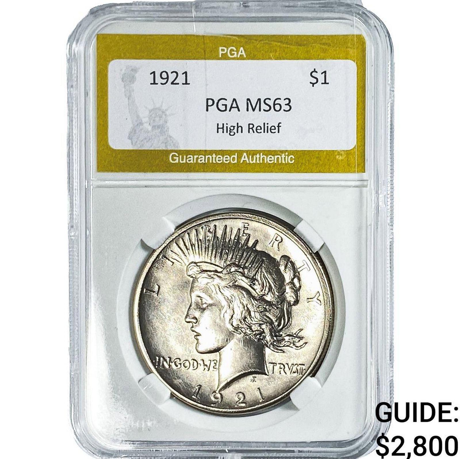 1921 Silver Peace Dollar PGA MS63 High Relief: 1921 Silver Peace Dollar PGA MS63 High Relief