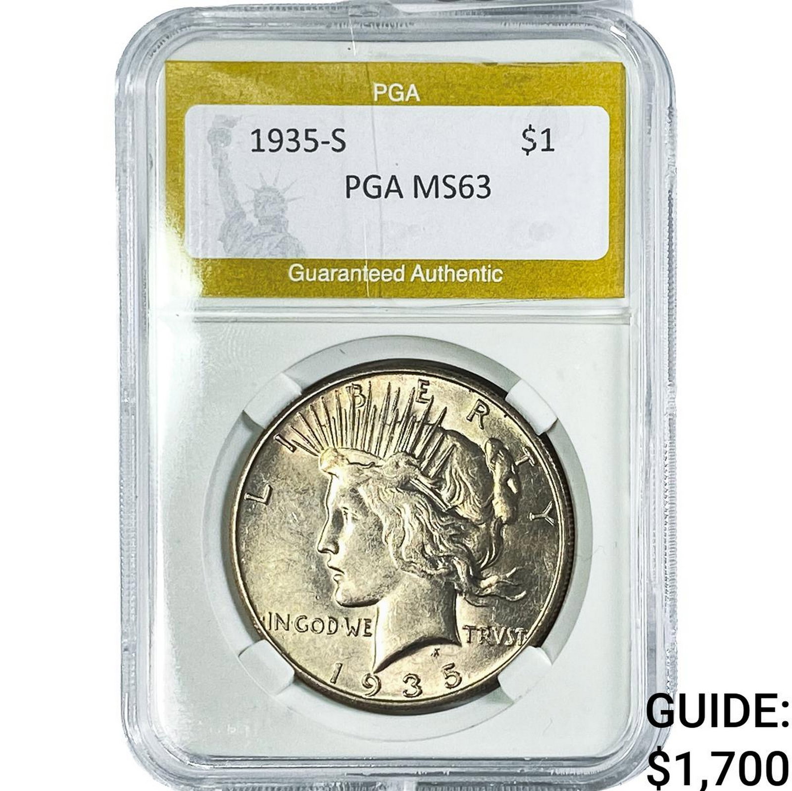1935-S Silver Peace Dollar PGA MS63: 1935-S Silver Peace Dollar PGA MS63