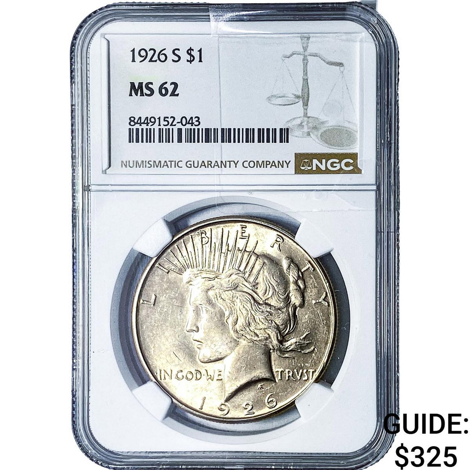 1926-S Silver Peace Dollar NGC MS62: 1926-S Silver Peace Dollar NGC MS62