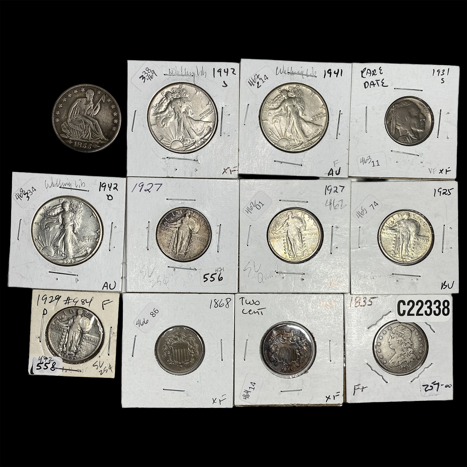 [12] 1835-1942 U.S. Coin Lot 2C, 5C, 25C, & 50C (1 of 2)
