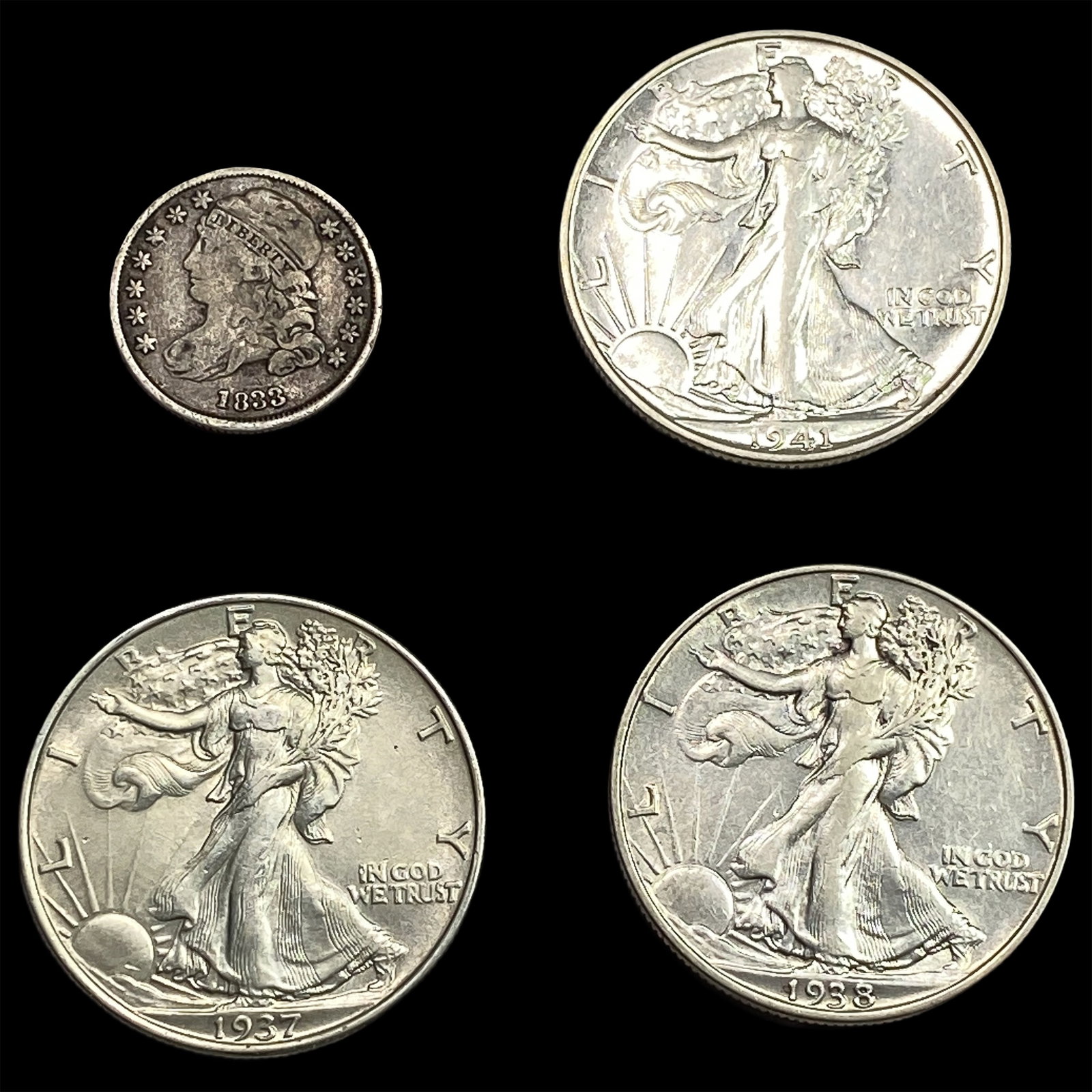 [4] 1833-1941 U.S. Silver Coin Lot 5C & 50C: [4] 1833-1941 U.S. Silver Coin Lot 5C & 50C