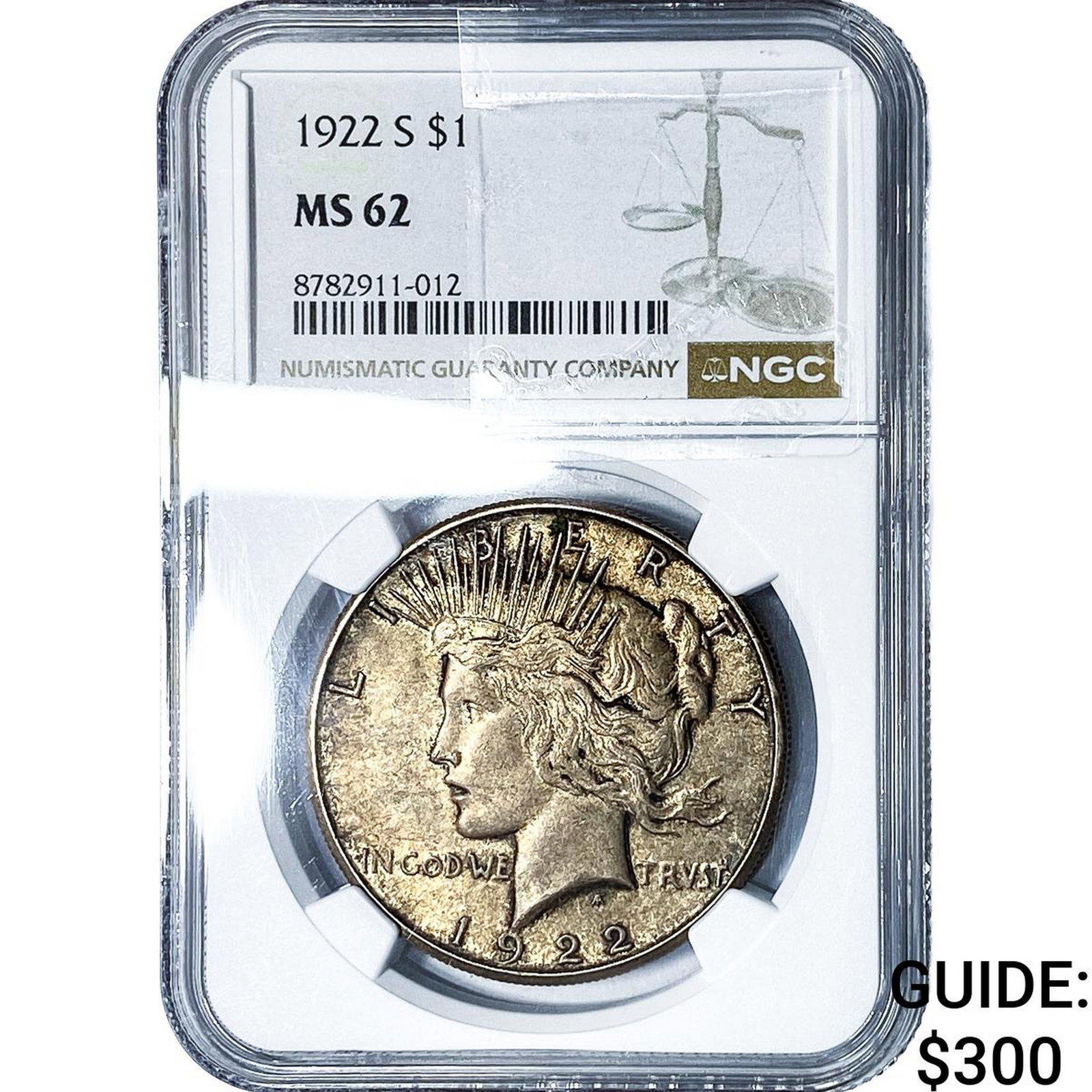 1922-S Silver Peace Dollar NGC MS62: 1922-S Silver Peace Dollar NGC MS62