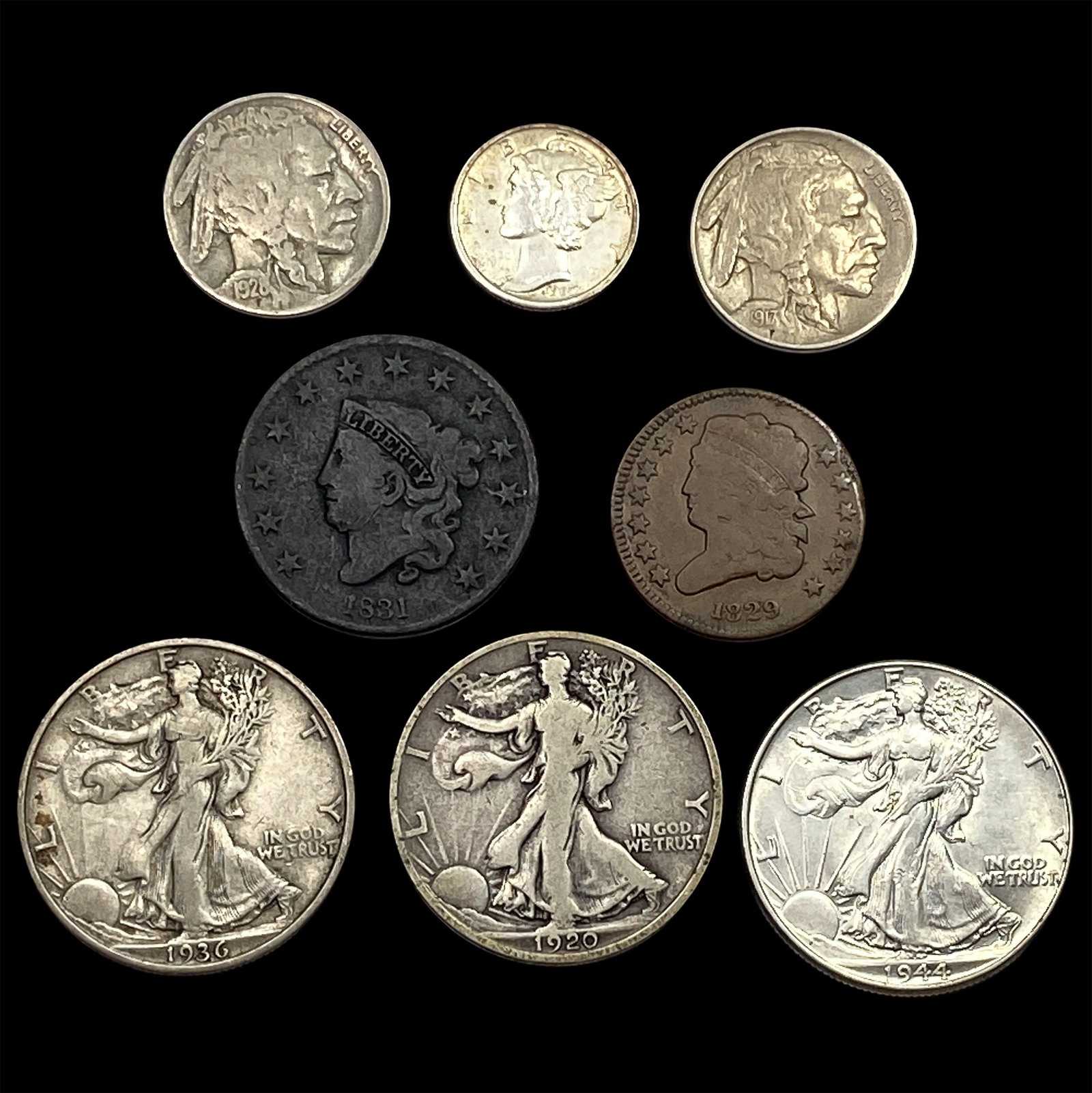 [8] 1829-1944 U.S. Coin Lot 1/2C,1C,5C,10C,&50C: [8] 1829-1944 U.S. Coin Lot 1/2C,1C,5C,10C,&50C