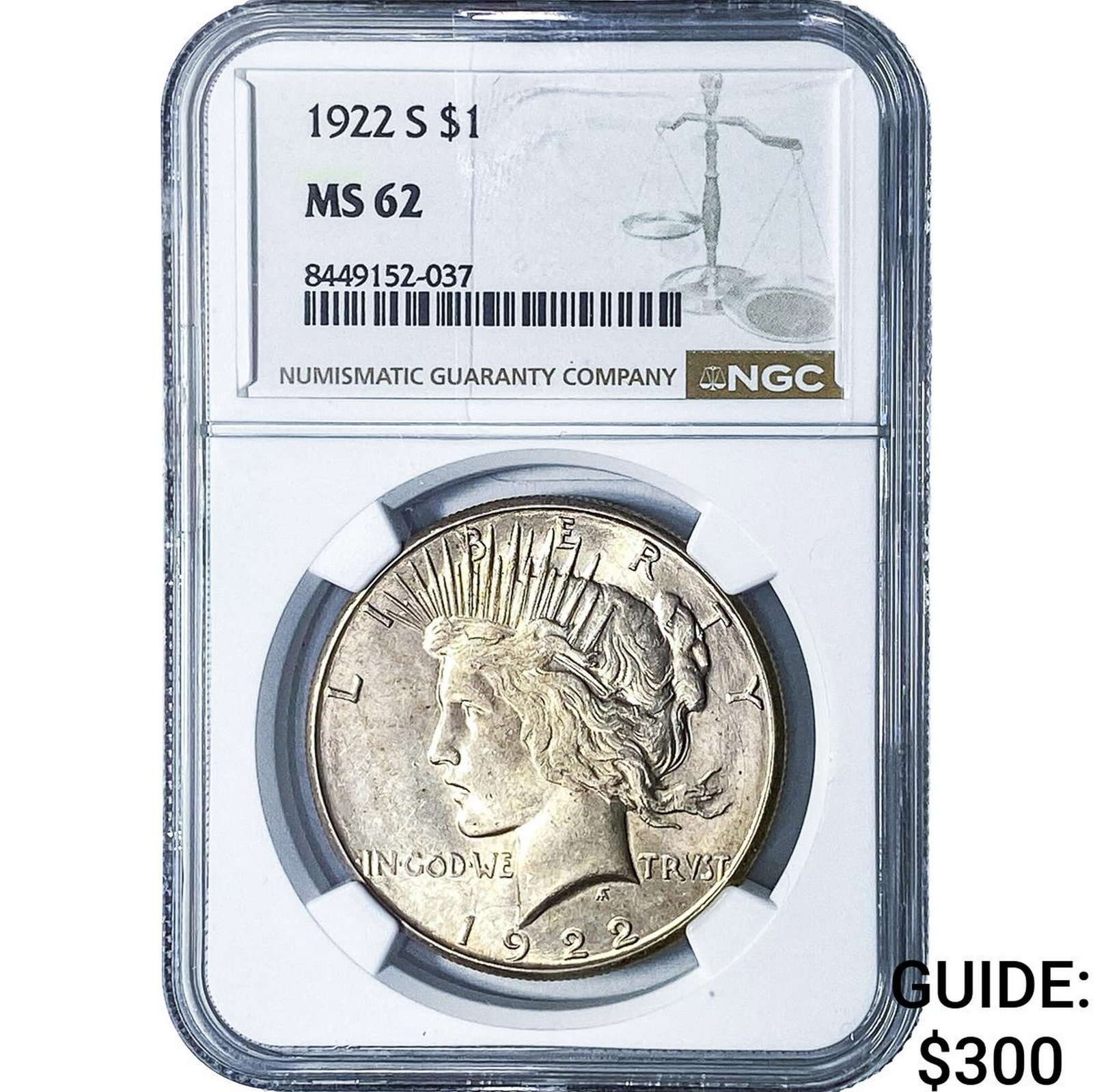 1922-S Silver Peace Dollar NGC MS62: 1922-S Silver Peace Dollar NGC MS62