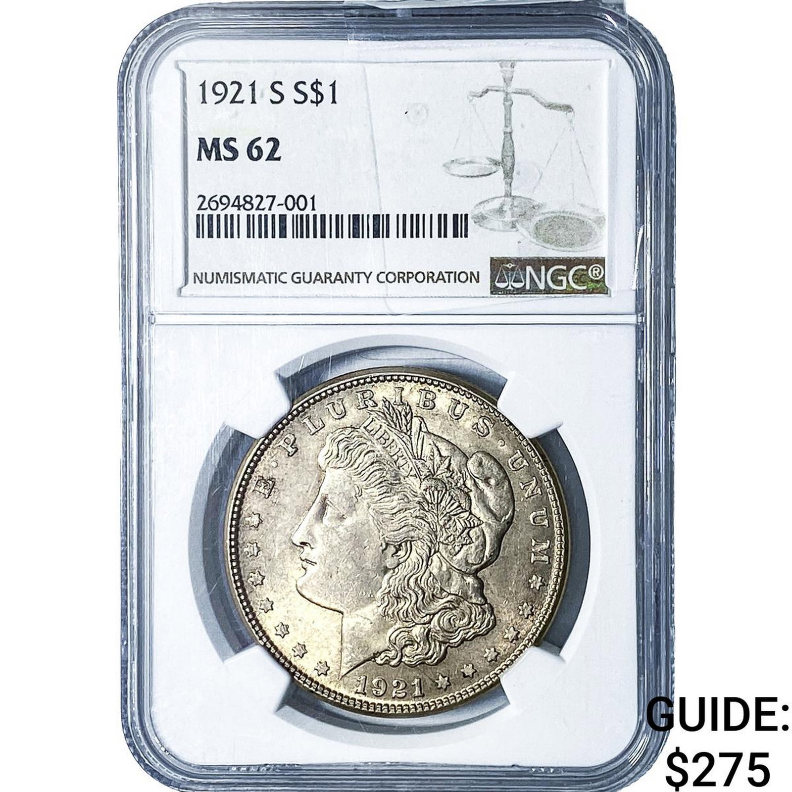 1921-S Morgan Silver Dollar NGC MS62: 1921-S Morgan Silver Dollar NGC MS62