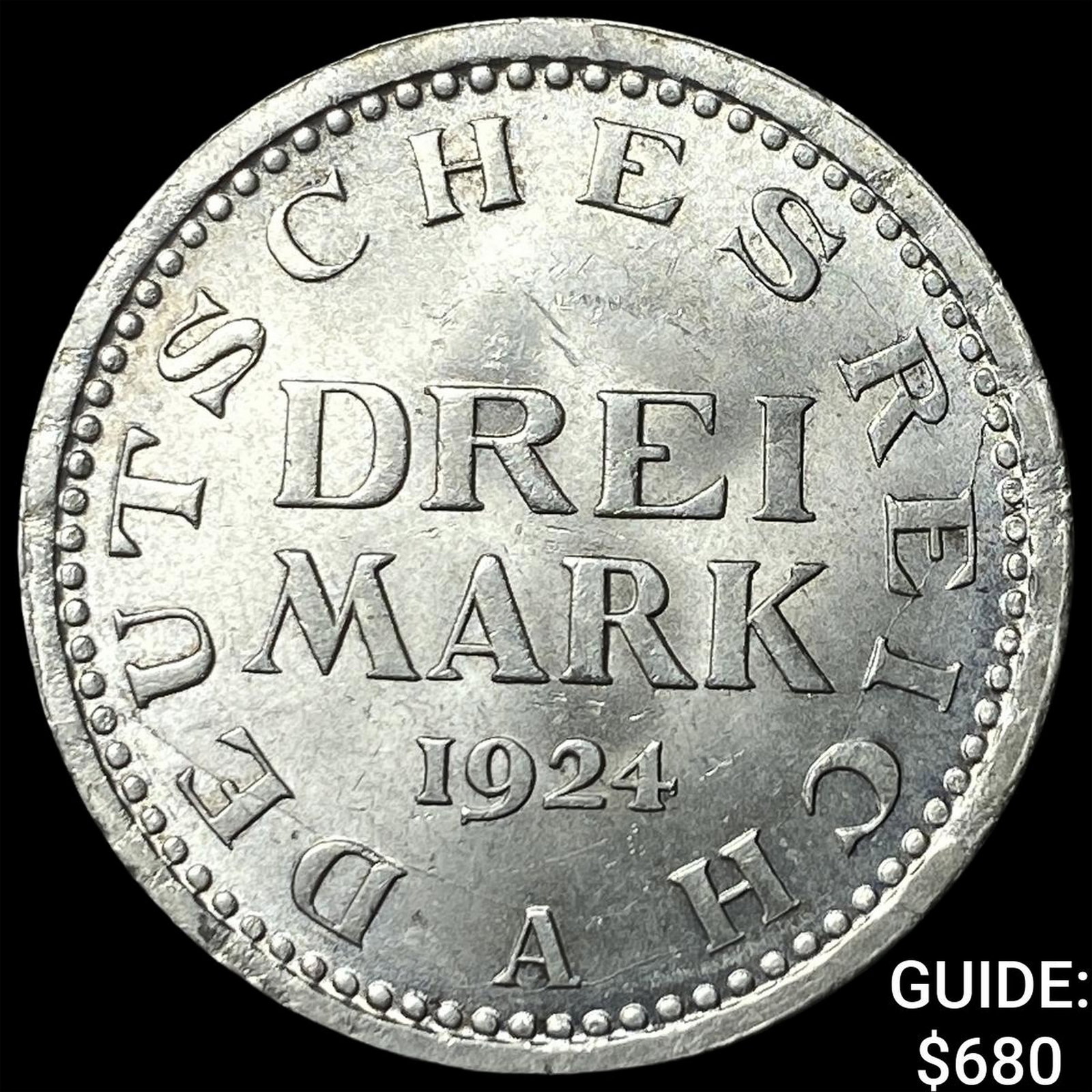 1924A Germany Weimar Republic Silver 3 Mark: 1924A Germany Weimar Republic Silver 3 Mark