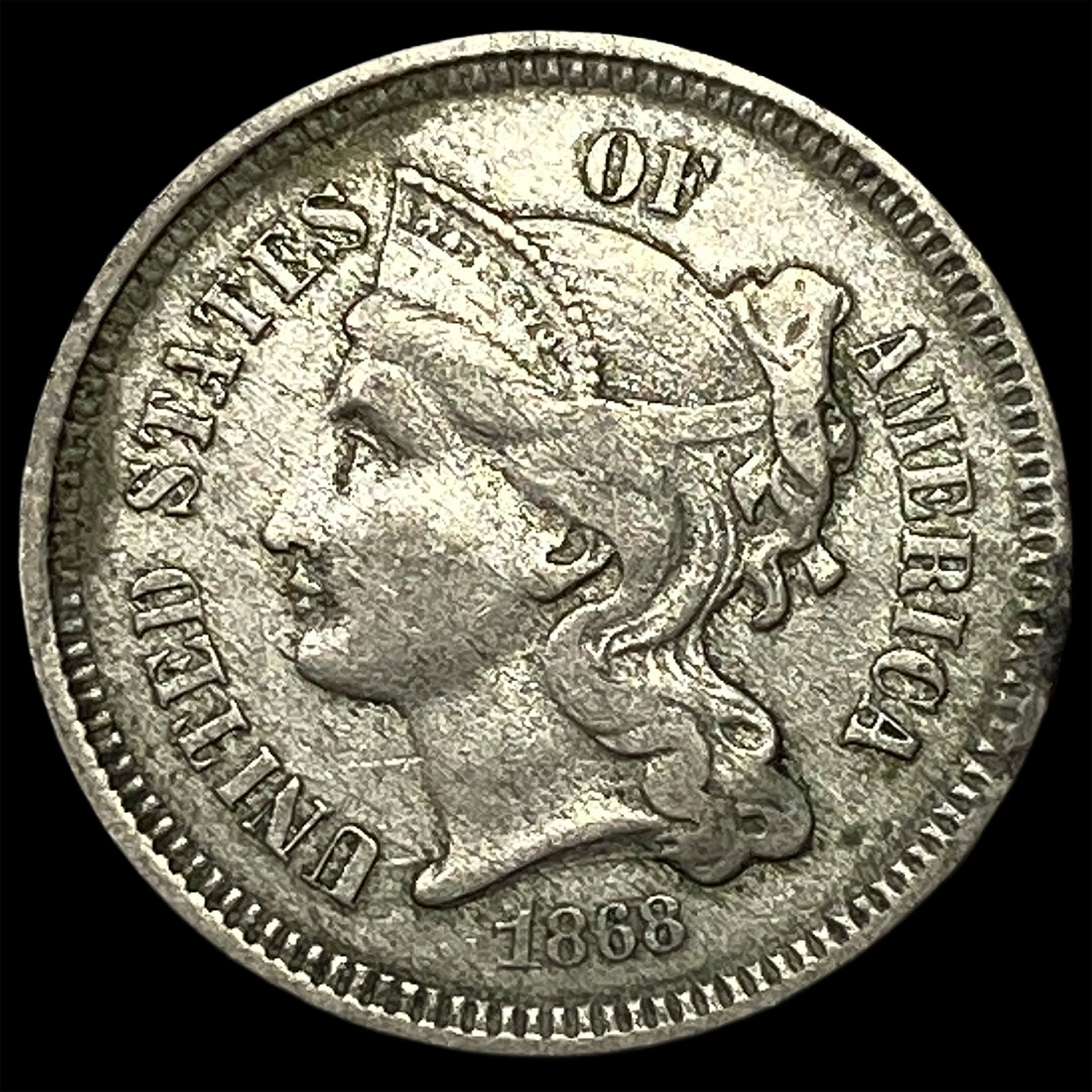 1868 Nickel Three-Cent Piece ABOUT UNCIRCULATED: 1868 Nickel Three-Cent Piece ABOUT UNCIRCULATED