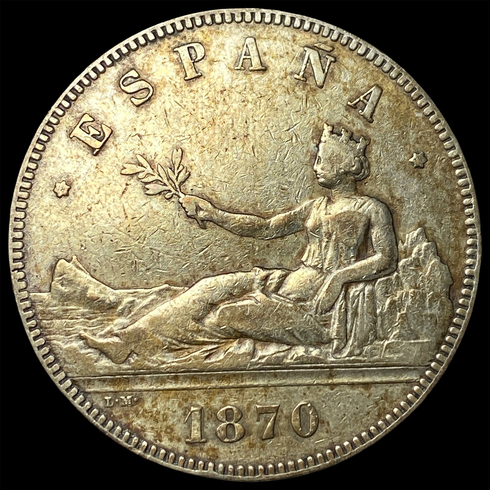 1870 Spain 5 Pesetas Silver Coin NEARLY UNCIRCULATED (1 of 2)