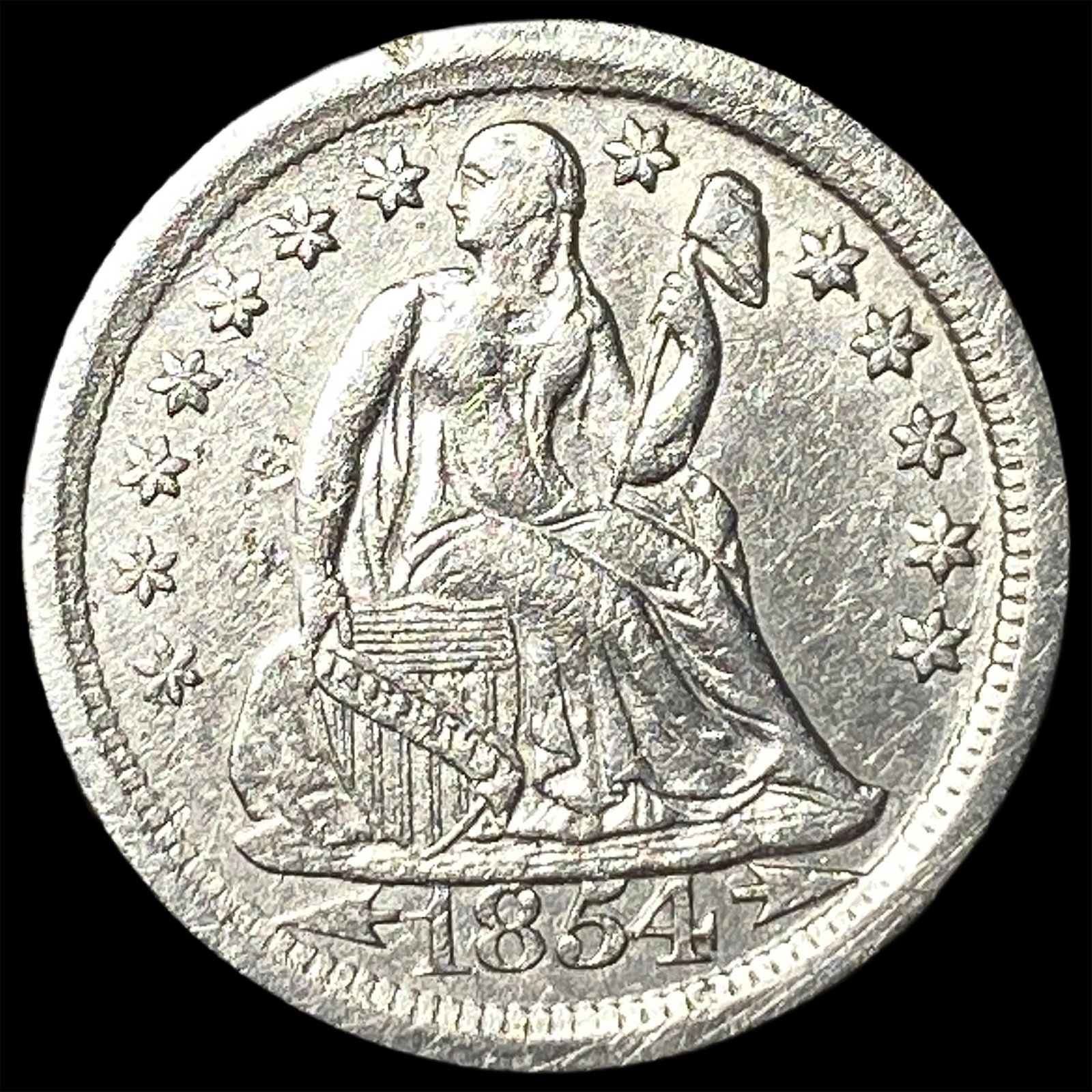 1854-O Silver Seated Liberty Dime ABOUT UNCIRCULATED: 1854-O Silver Seated Liberty Dime ABOUT UNCIRCULATED