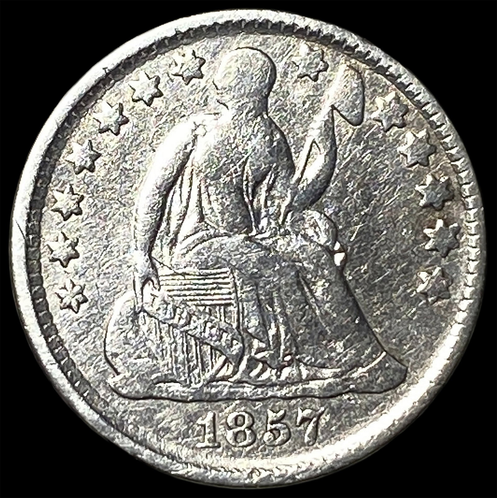 1857 Silver Seated Liberty Half Dime CLOSELY UNCIRCULATED: 1857 Silver Seated Liberty Half Dime CLOSELY UNCIRCULATED