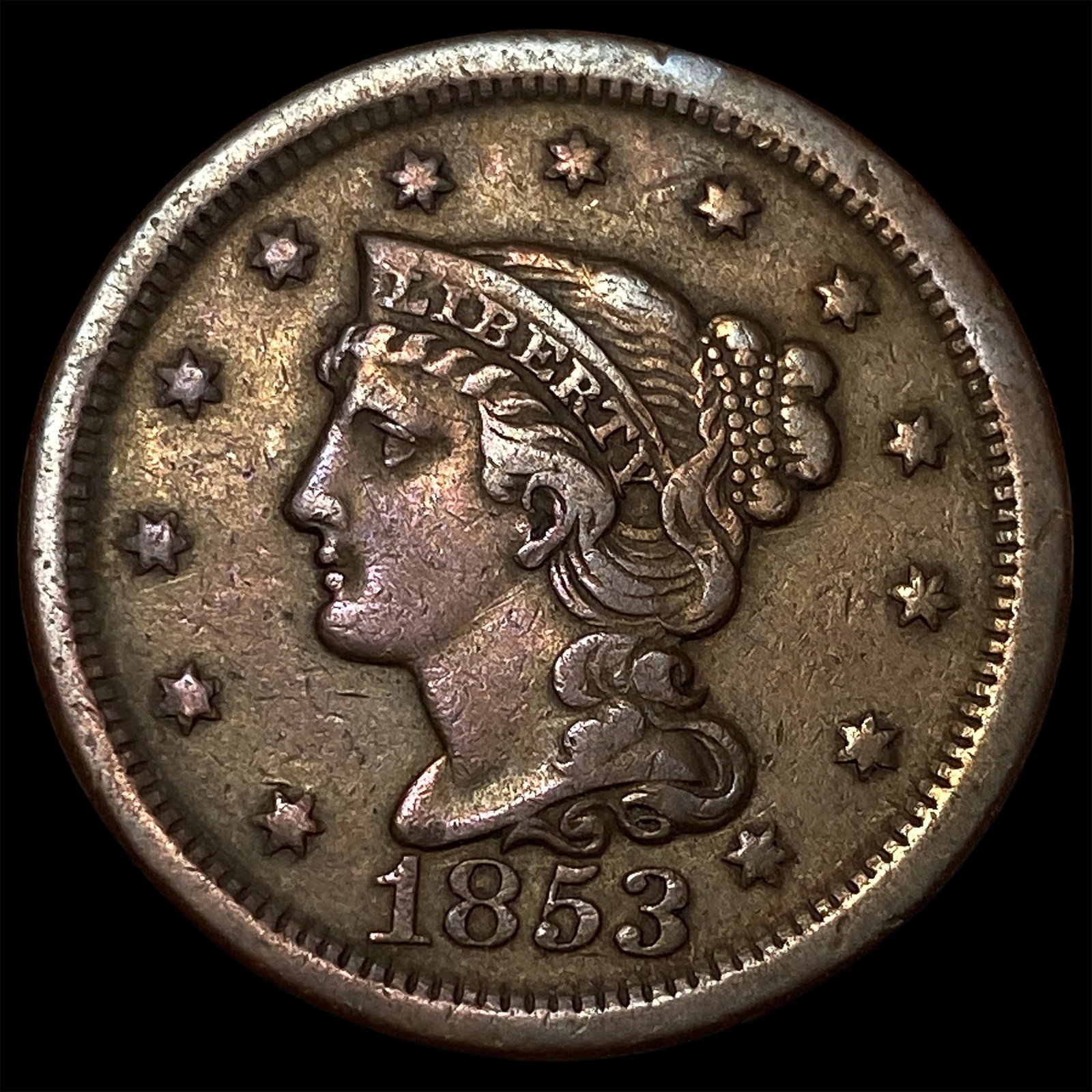 1853 Braided Hair Large Cent CHOICE AU: 1853 Braided Hair Large Cent CHOICE AU