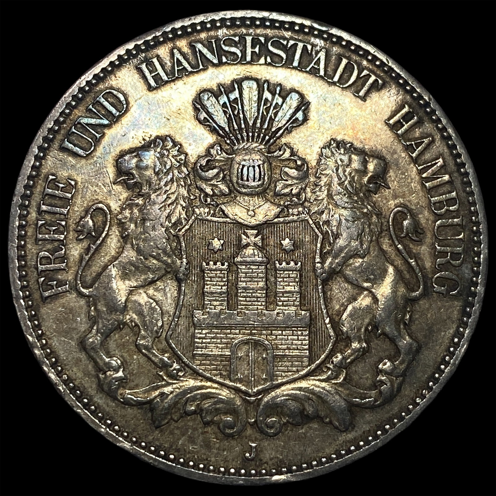 1908-J Silver 5 Mark Germany Hamburg CLOSELY UNCIRCULATED: 1908-J Silver 5 Mark Germany Hamburg CLOSELY UNCIRCULATED
