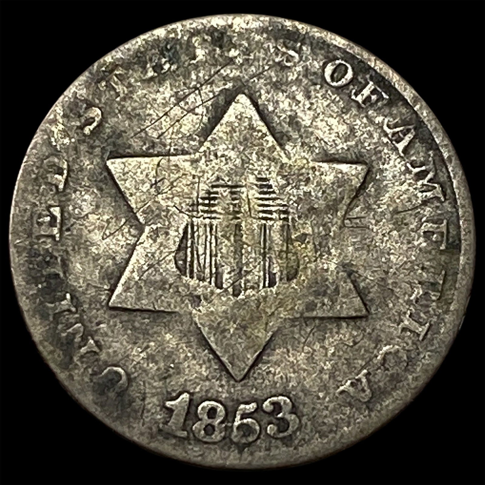 1853 Silver Three-Cent Piece NEARLY UNCIRCULATED: 1853 Silver Three-Cent Piece NEARLY UNCIRCULATED