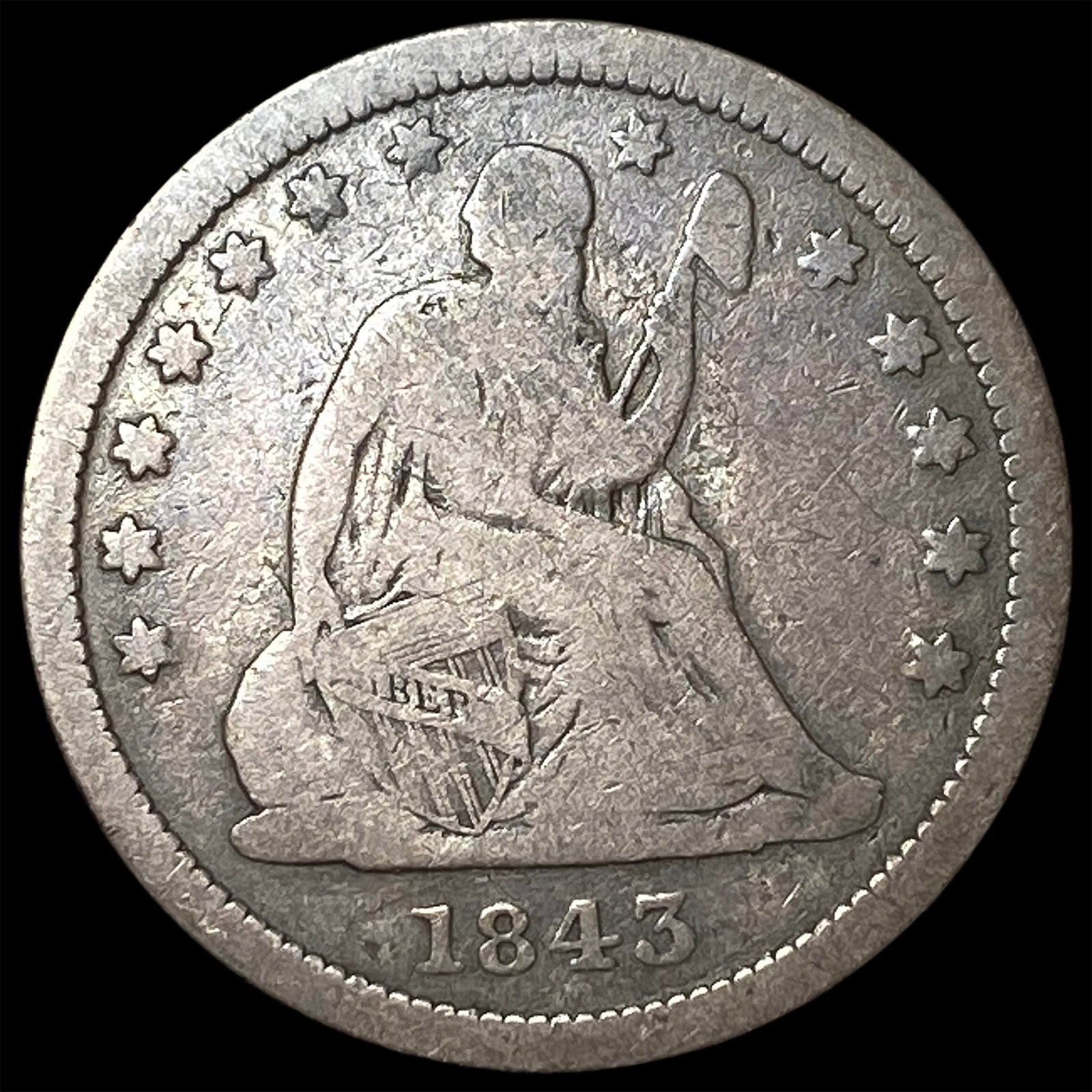 1843 Silver Seated Liberty Quarter NICELY CIRCULATED: 1843 Silver Seated Liberty Quarter NICELY CIRCULATED