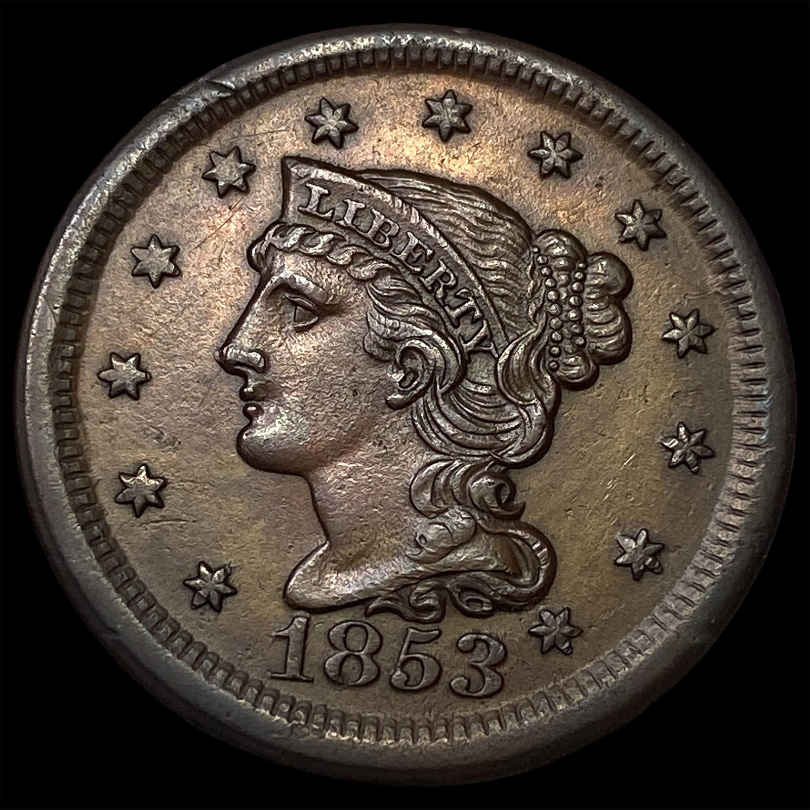 1853 Braided Hair Large Cent CHOICE AU: 1853 Braided Hair Large Cent CHOICE AU