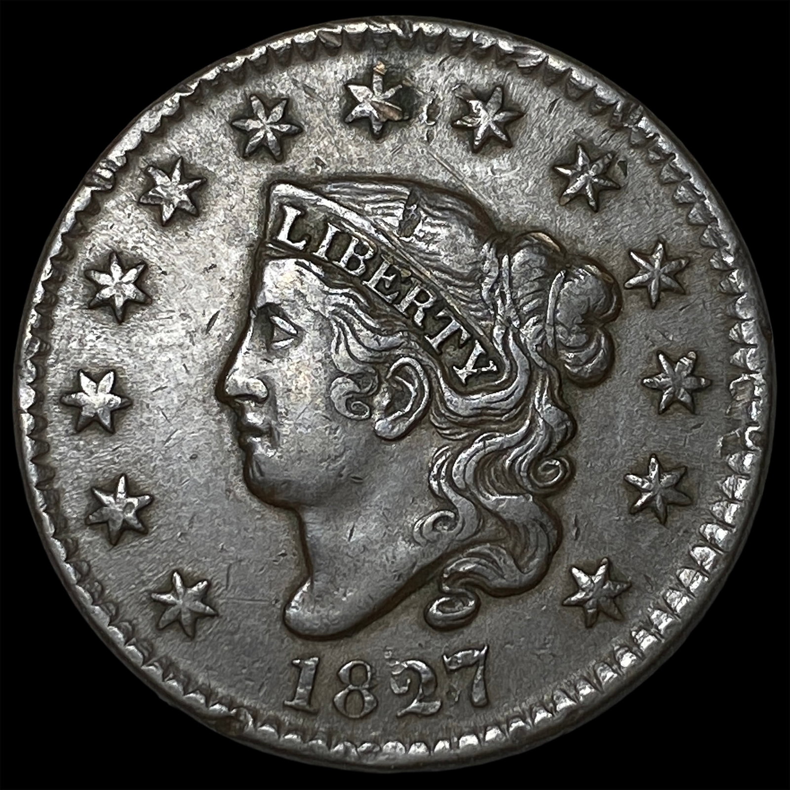 1827 Coronet Head Large Cent CHOICE AU: 1827 Coronet Head Large Cent CHOICE AU