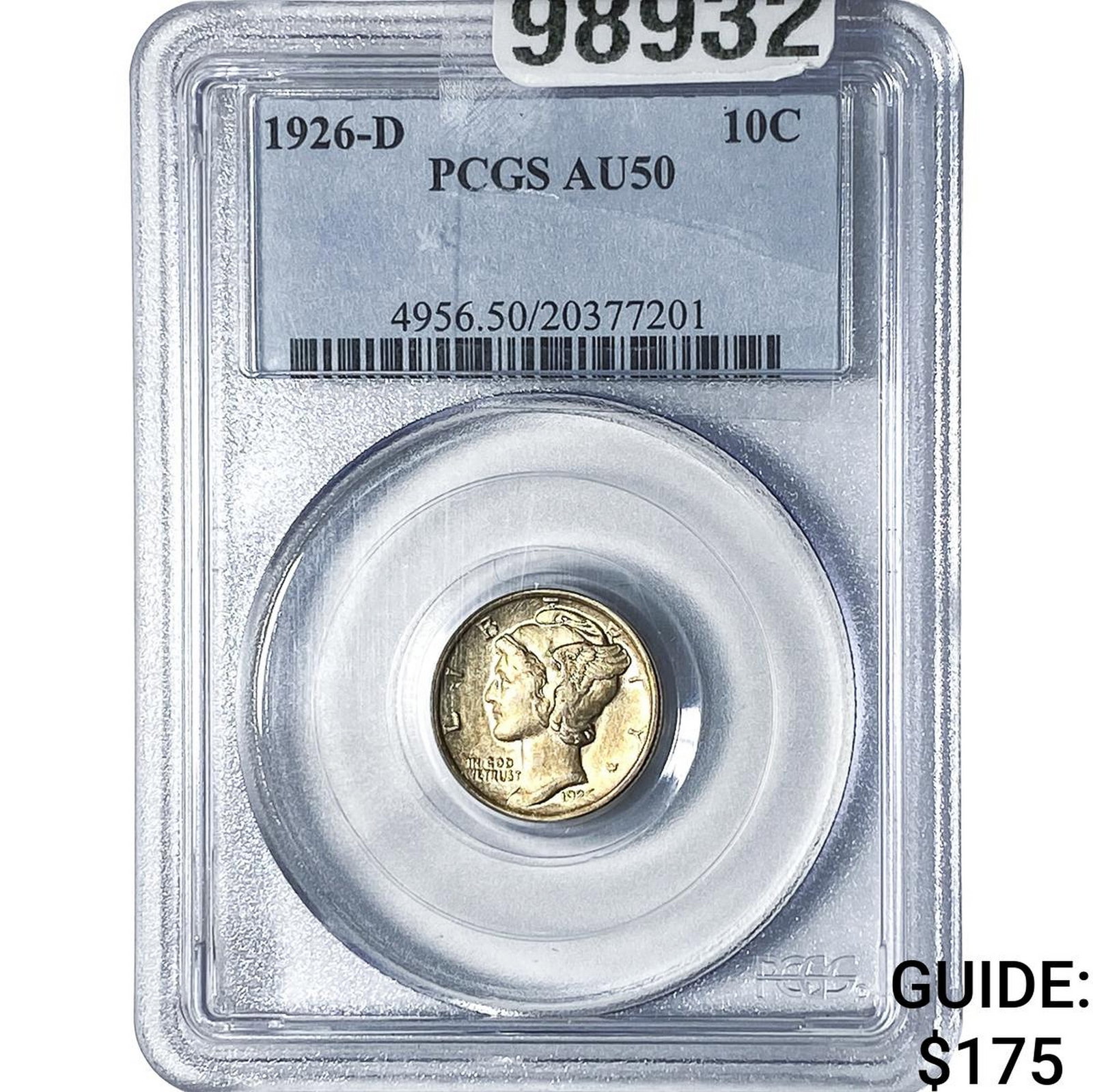 1926-D Mercury Silver Dime PCGS AU50: 1926-D Mercury Silver Dime PCGS AU50
