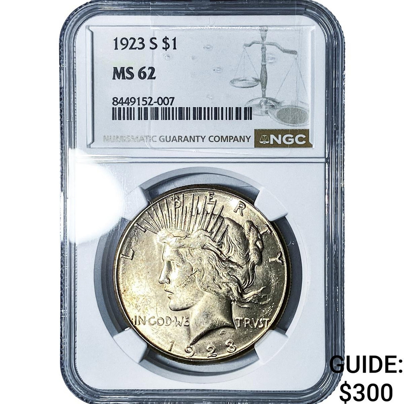1923-S Silver Peace Dollar NGC MS62: 1923-S Silver Peace Dollar NGC MS62