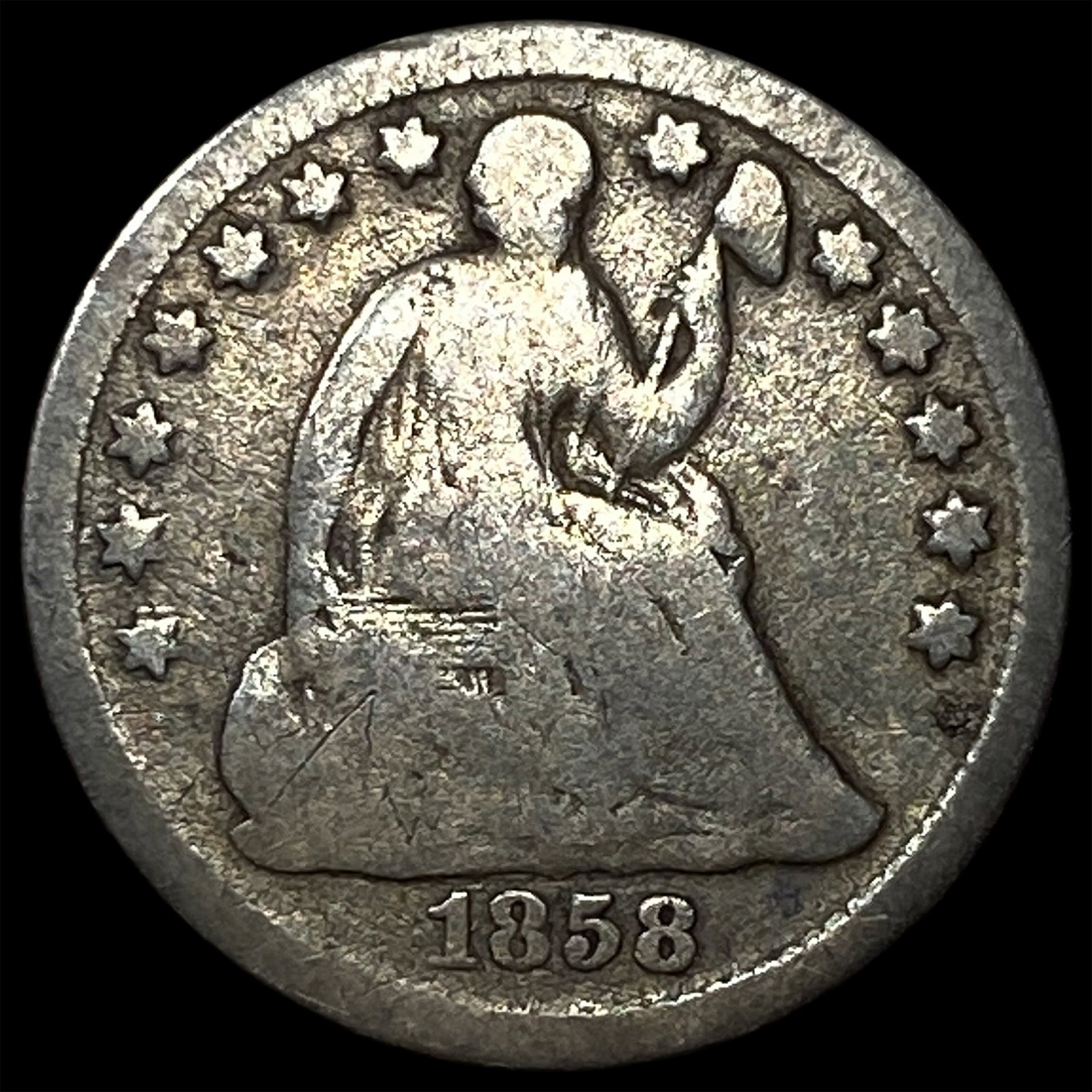 1858 Silver Seated Liberty Half Dime NICELY CIRCULATED: 1858 Silver Seated Liberty Half Dime NICELY CIRCULATED