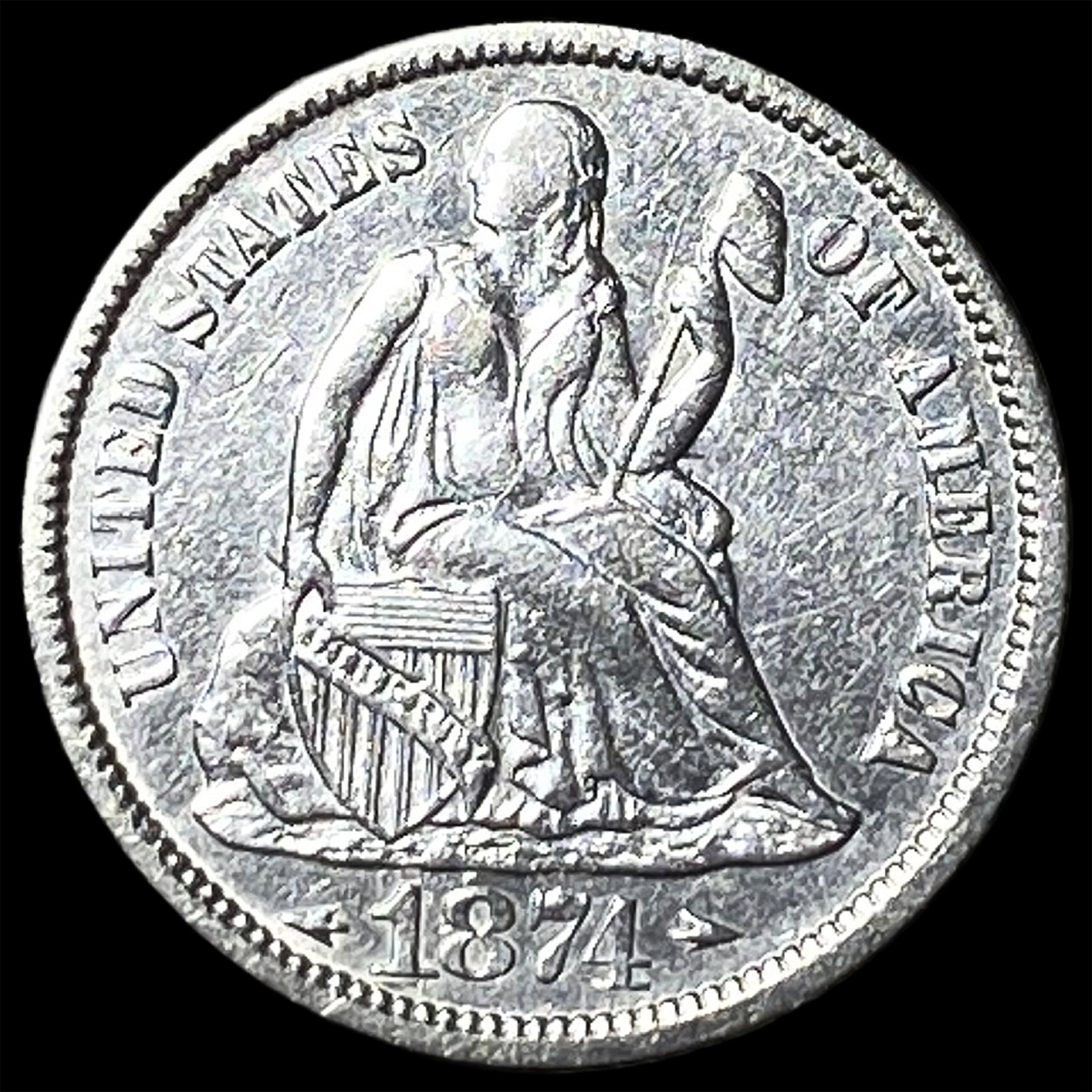 1874 Silver Seated Liberty Dime NEARLY UNCIRCULATED: 1874 Silver Seated Liberty Dime NEARLY UNCIRCULATED