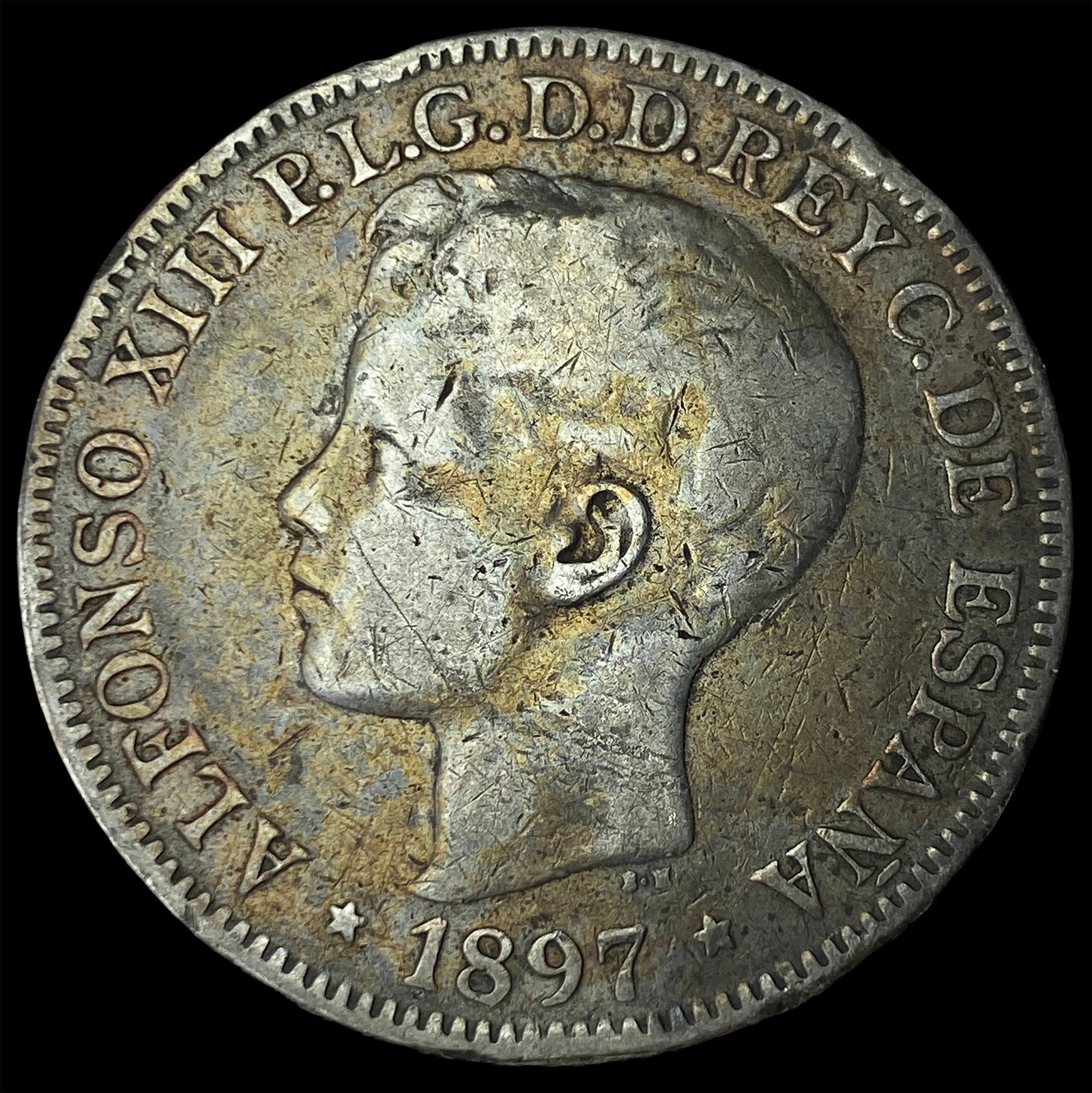 1897 Silver 1 Peso Spain-Philippines LIGHTLY CIRCULATED: 1897 Silver 1 Peso Spain-Philippines LIGHTLY CIRCULATED