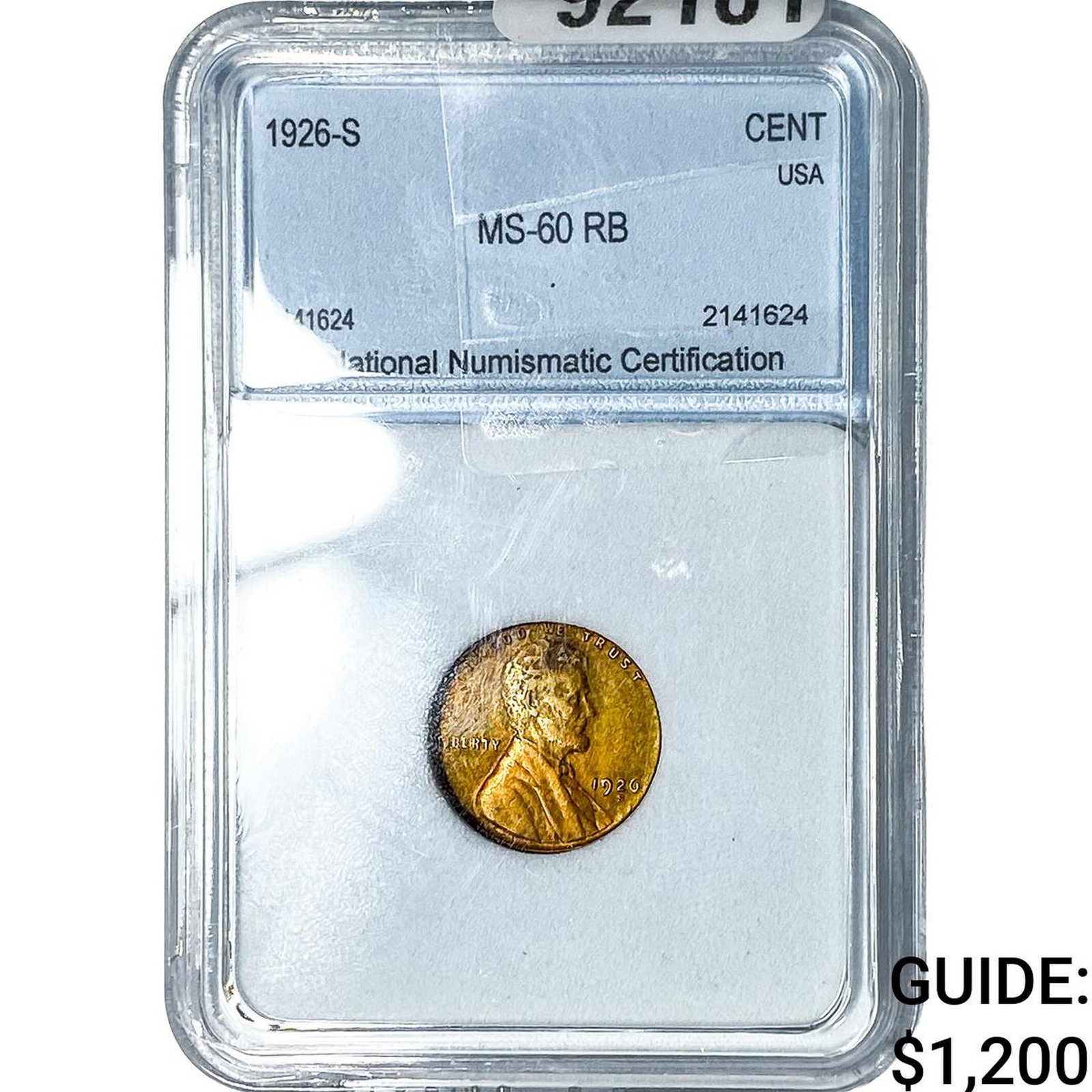 1926-S Wheat Cent NNC MS60 RB: 1926-S Wheat Cent NNC MS60 RB